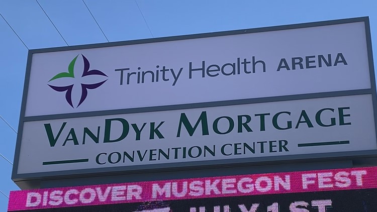 Out with the old, in with the new: signs go in at Muskegon's Trinity Health Arena