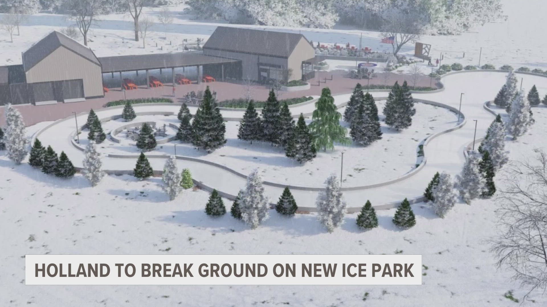 The $11 million ice park will include a circular ice rink with a curved pathway, fire pits and a curling rink. The city said the park will provide year-round use.