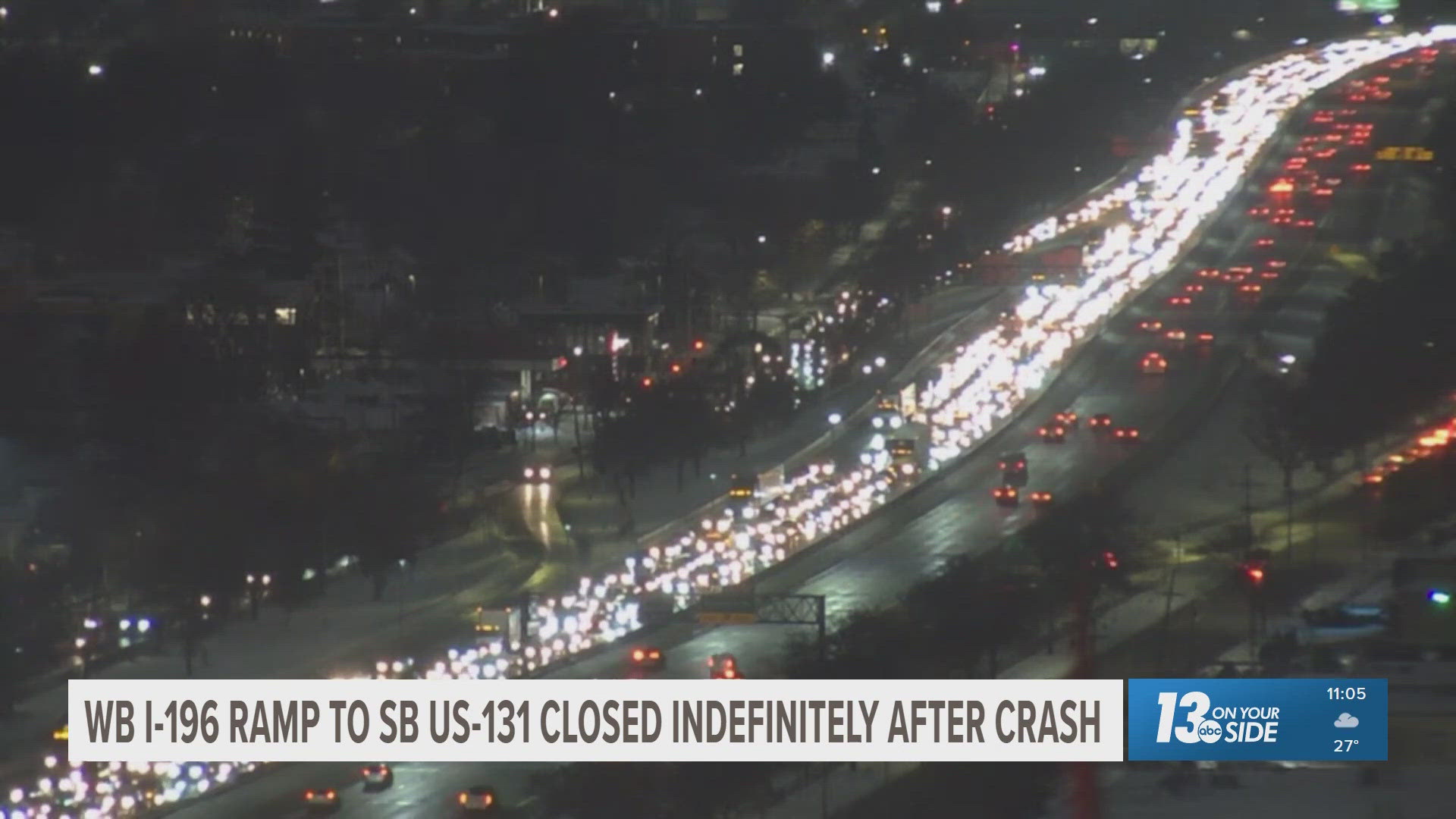 Westbound I-196 to southbound US-131 ramp closed after semi crash