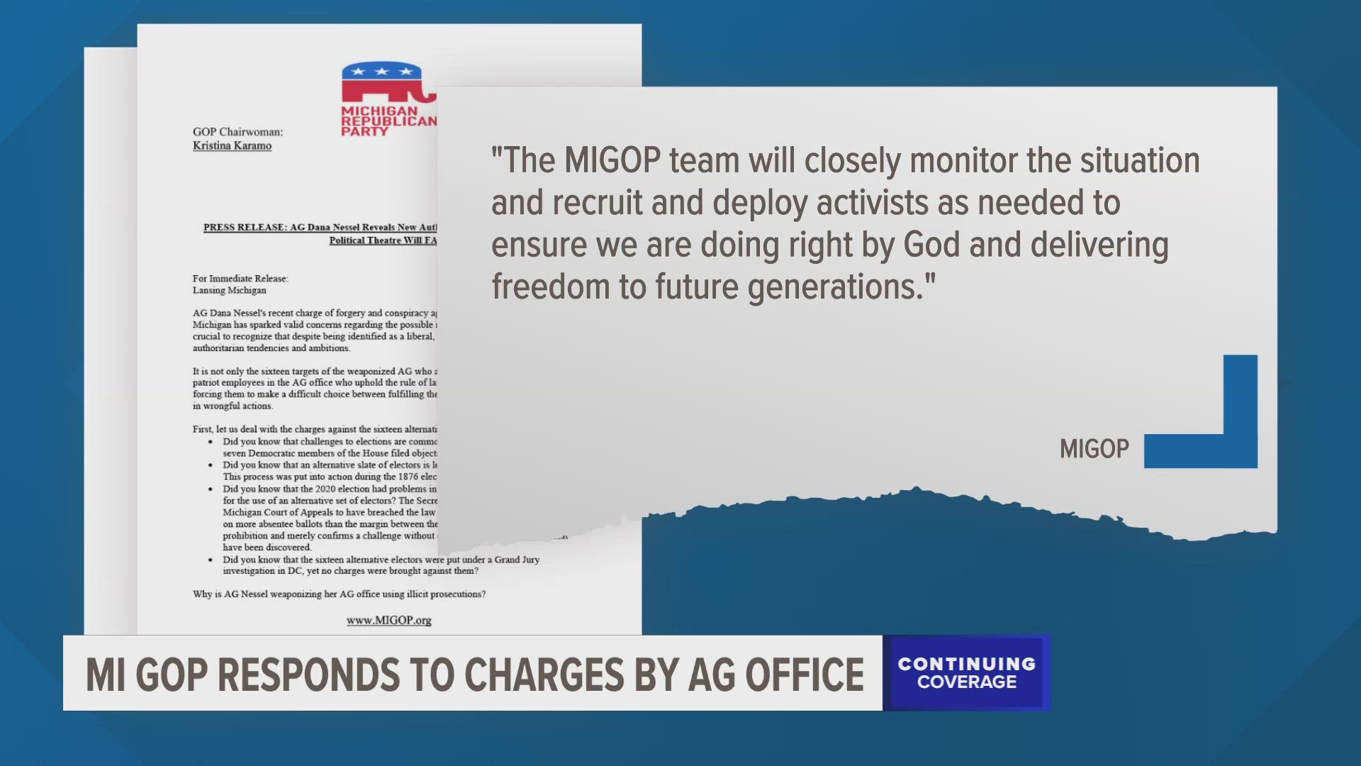 Michigan GOP Chair Kristina Karamo says this prosecution is "illicit," and calls the Attorney General an "aspiring tyrant."