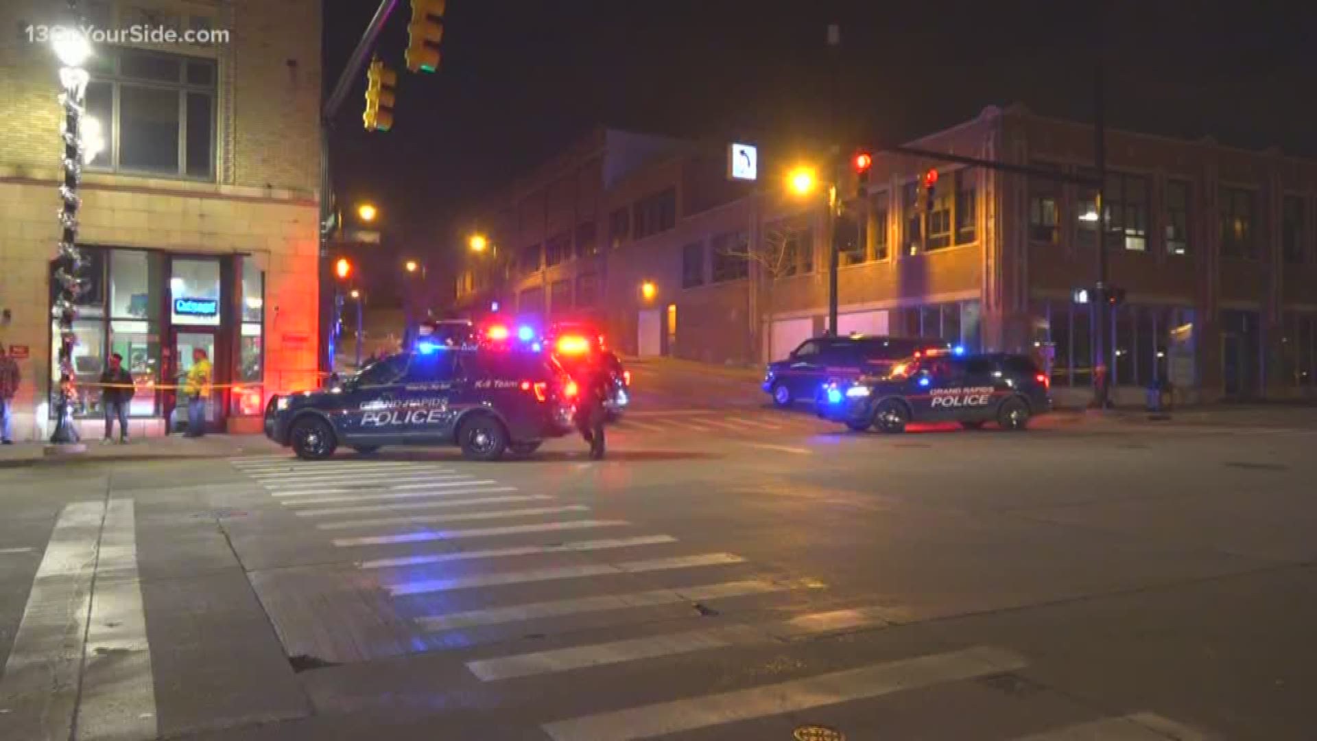 A man was shot twice in the upper leg Saturday evening on Division Avenue in downtown Grand Rapids.