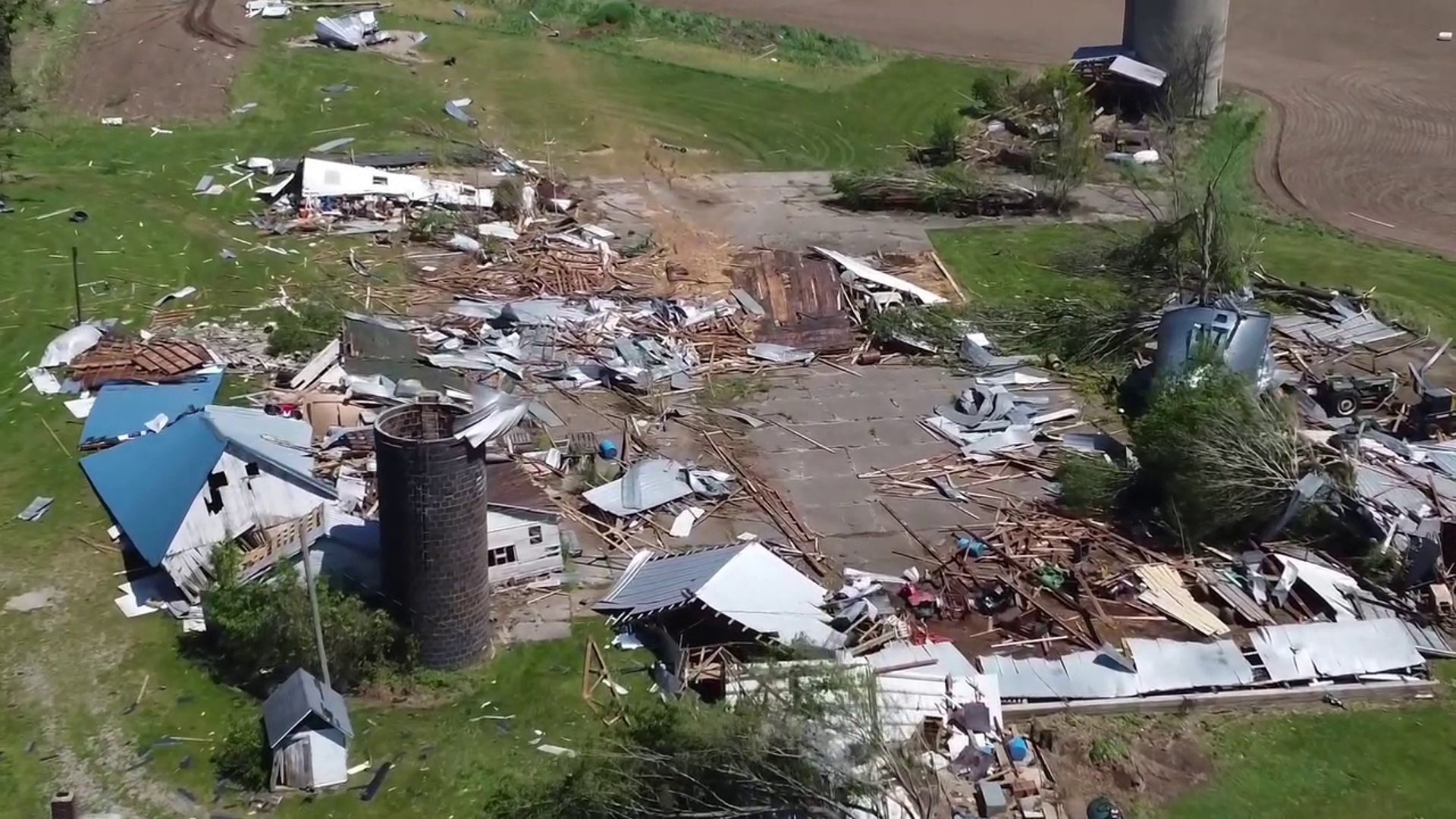 Drone video shows a farm destroyed just outside of Sherwood in Branch County, Michigan. Credit: Village of Union City