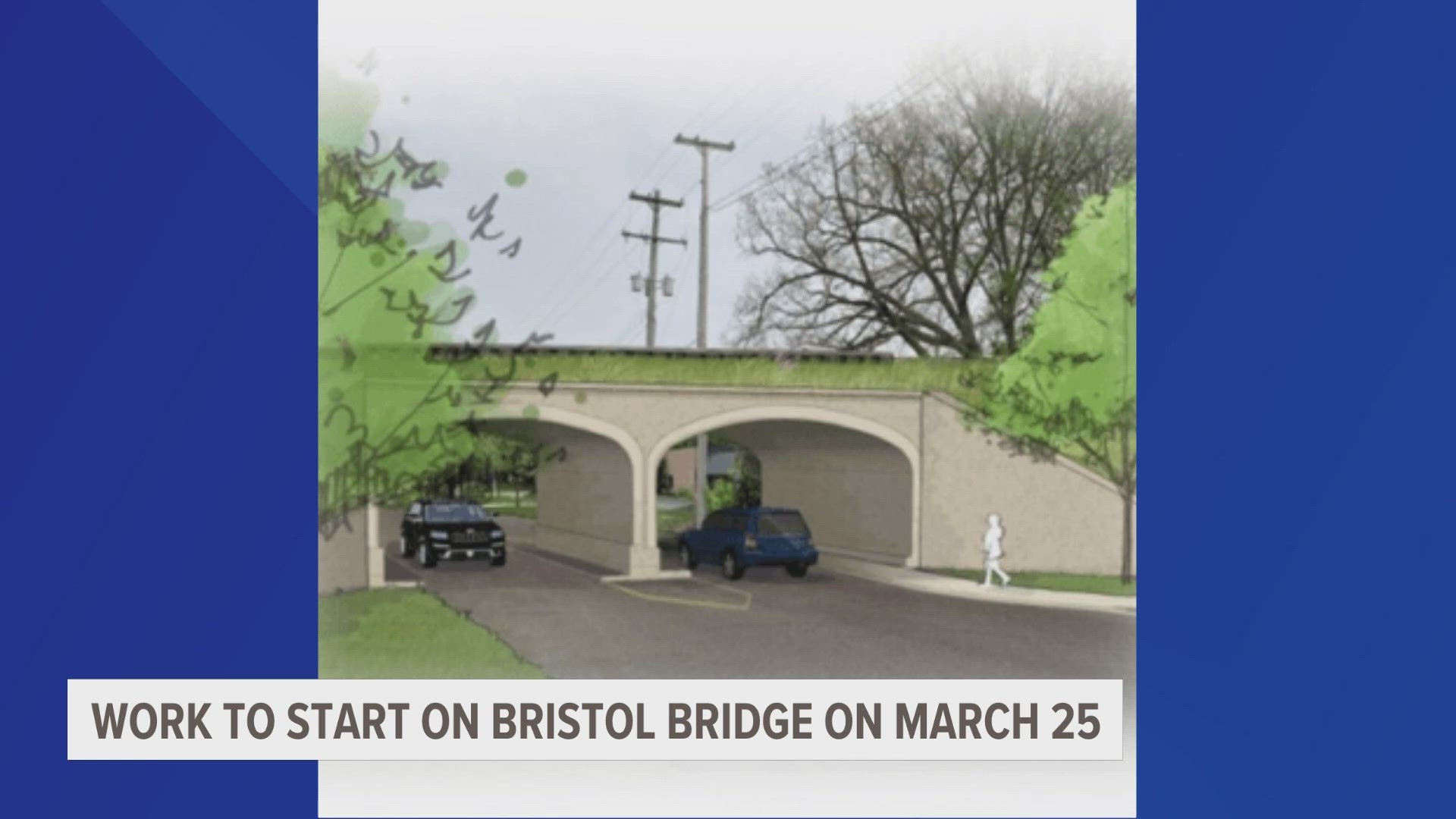 The current single-span bridge will be replaced with a two-span arched bridge.