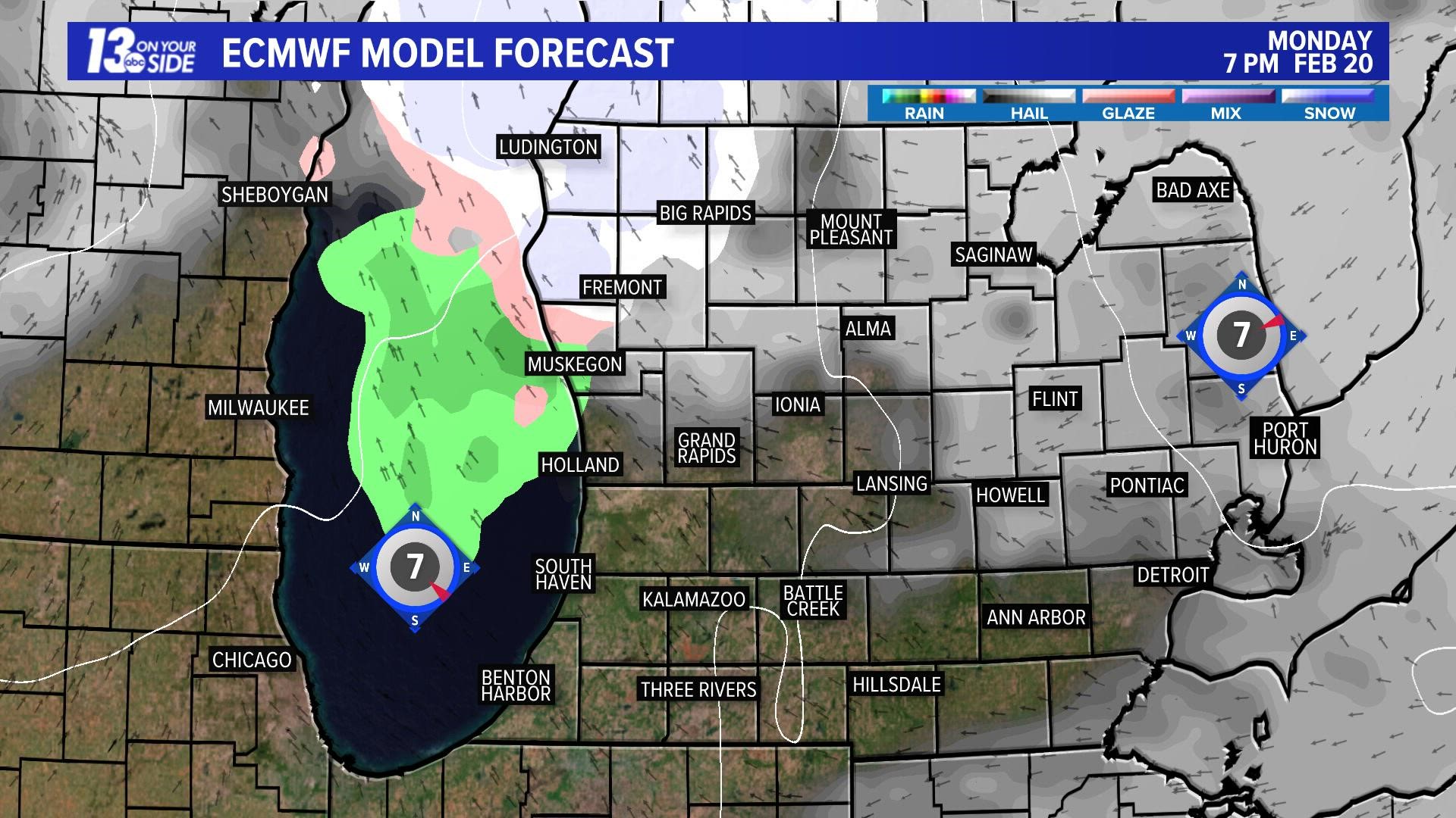 A sharp, dividing line between snow and freezing rain and sleet across West Michigan.