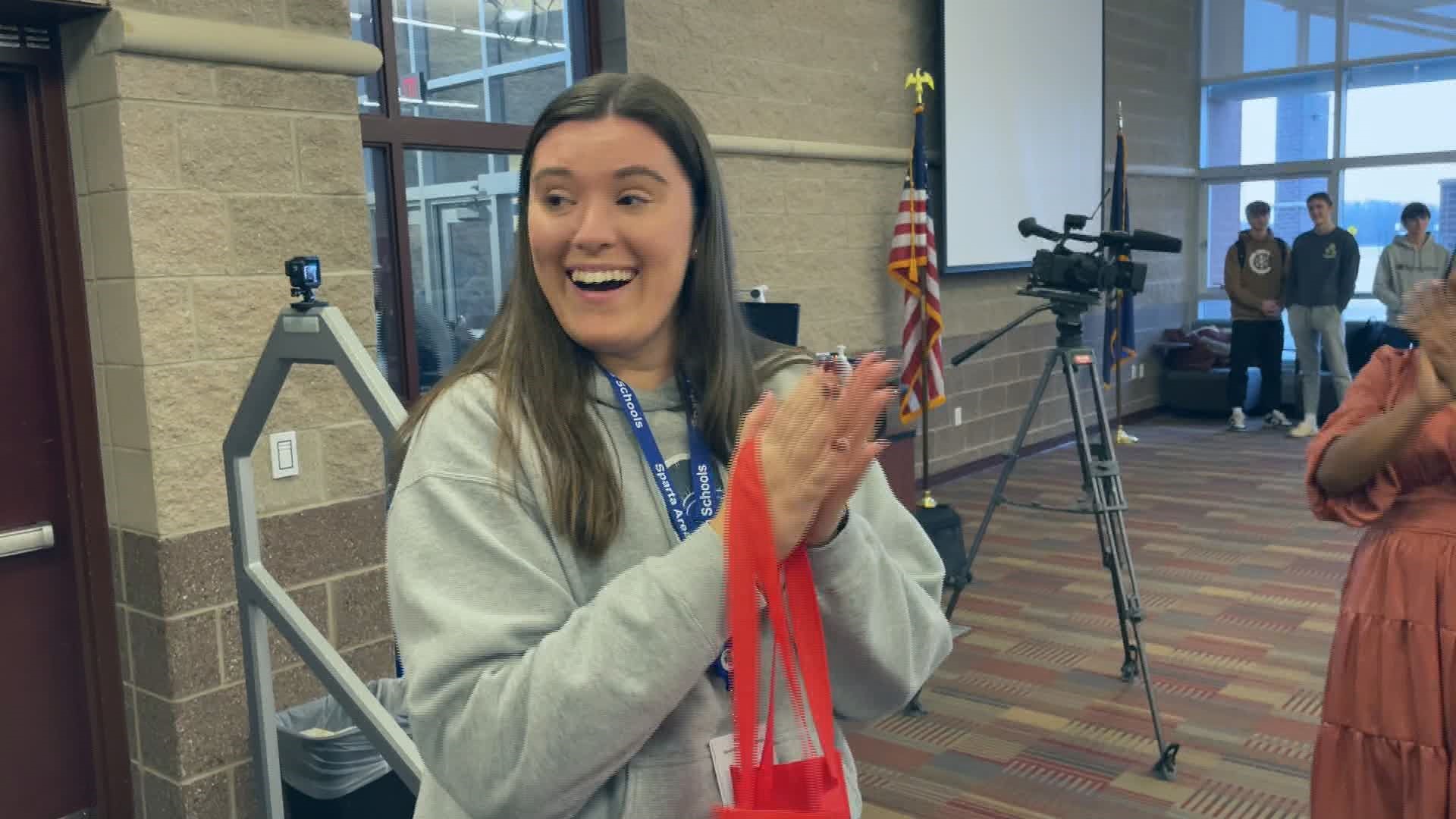 Dozens of high school students chipped in for our latest Teacher of the Week surprise at Sparta High School.