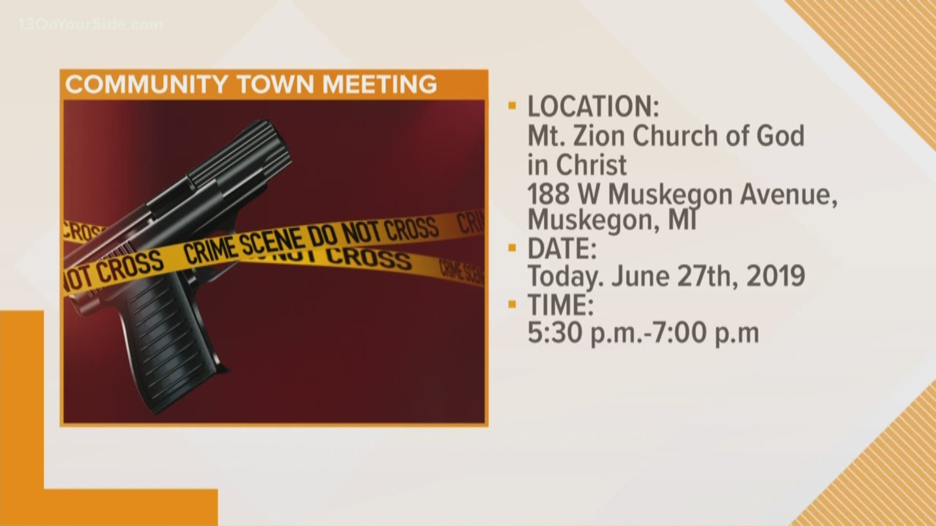 City leaders, police officers, community members, business owners, parents and students will attend a town hall meeting, G.U.N.S., which stands for "Gaining UNITY through Non-Violent Solutions. It's happening at Mt. Zion Church of God in Christ on W Muskegon Avenue in Muskegon.