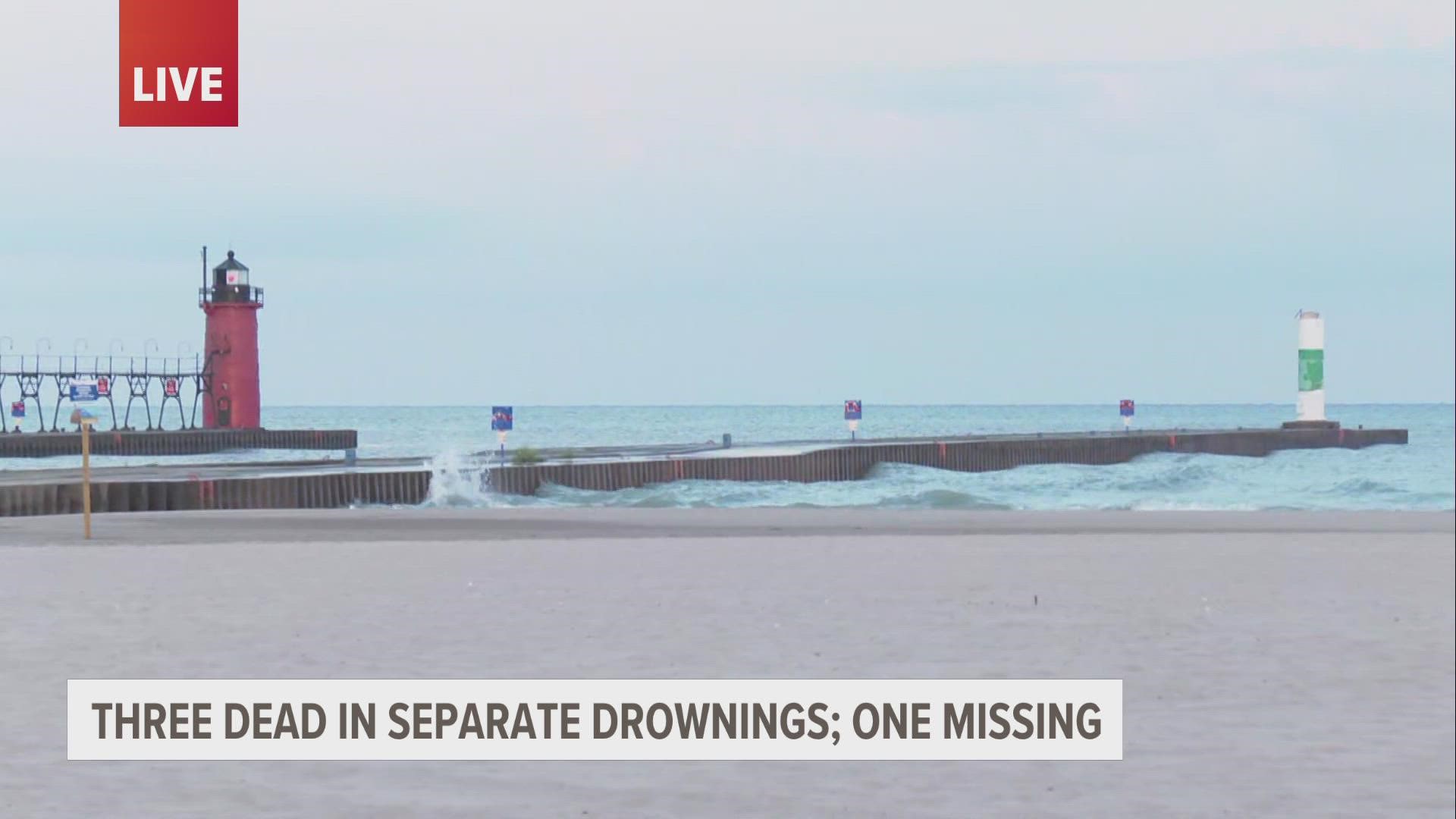 Three people have drowned, and the search is ongoing to find another man who is presumed dead in Lake Michigan.
