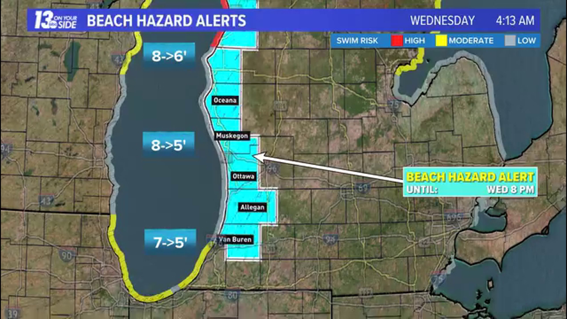 Strong waves and currents are expected as far south as St. Joseph to the Manistee area. This remains in effect until 8 p.m.