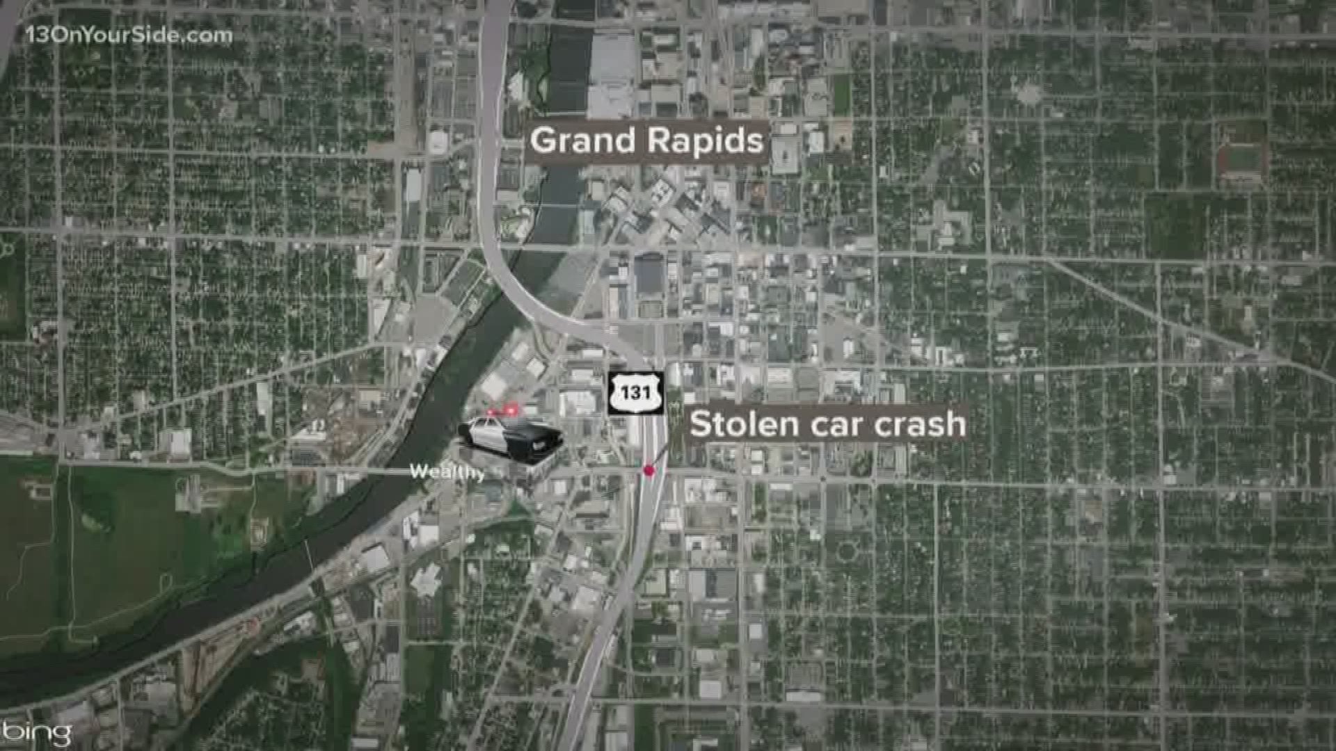 Three people were arrested in Grand Rapids after crashing a stolen car early Tuesday morning.