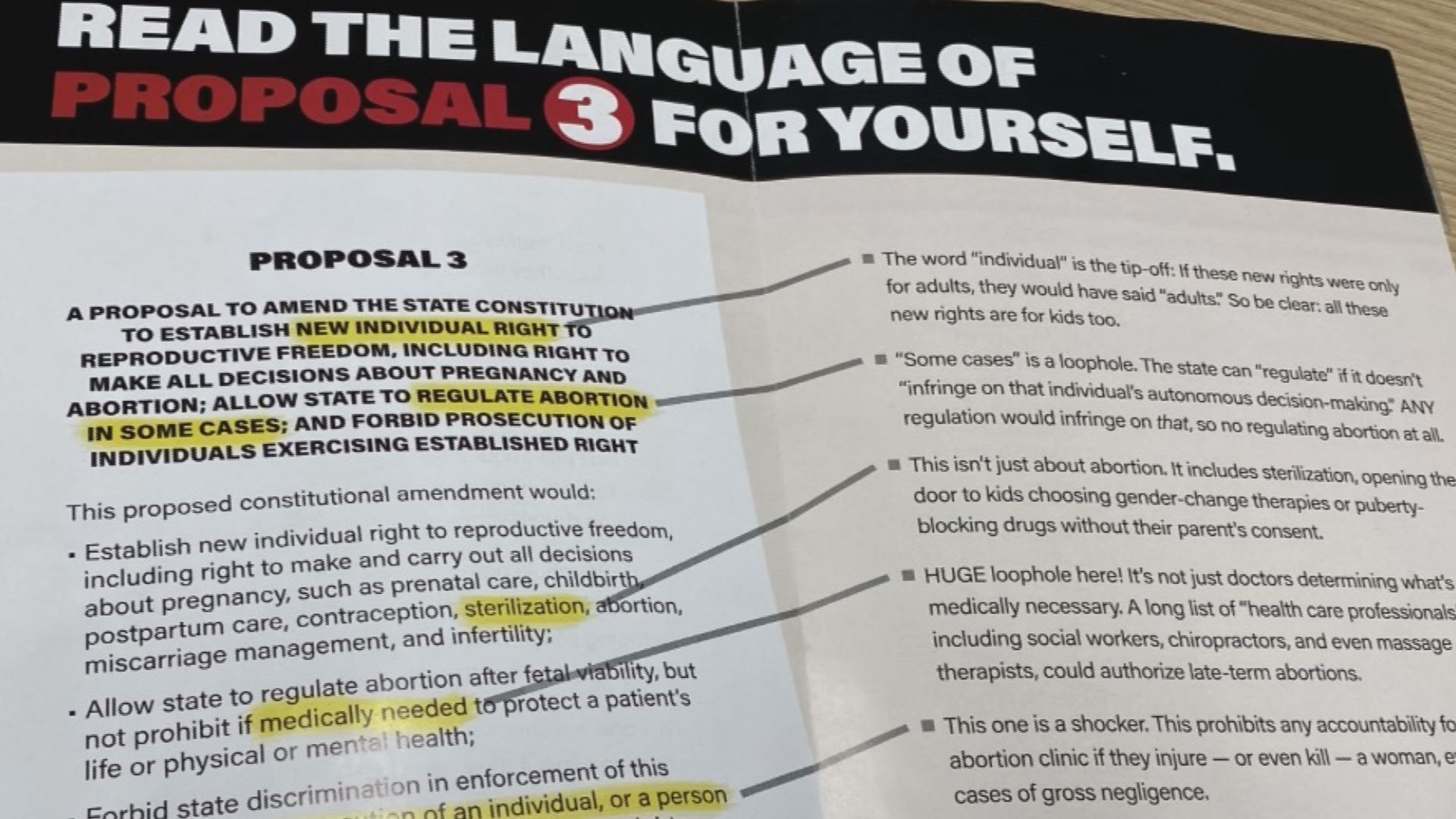 A Right to Life of Michigan pamphlet distributed through the mail encourages voters to 'read the proposal language for themselves.'
