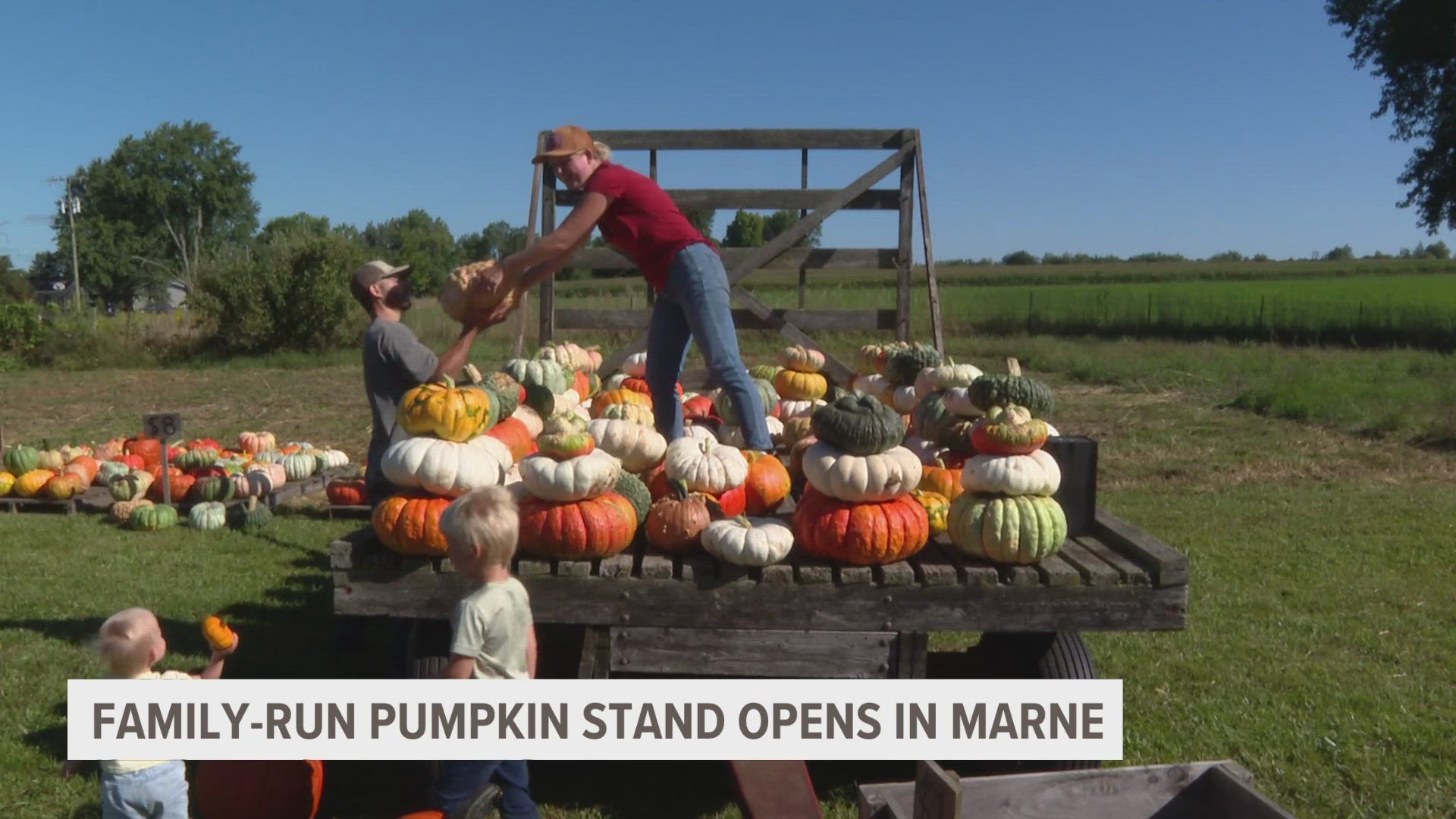 The stand is already stocked with about 25 different varieties of stackable, decorative pumpkins.