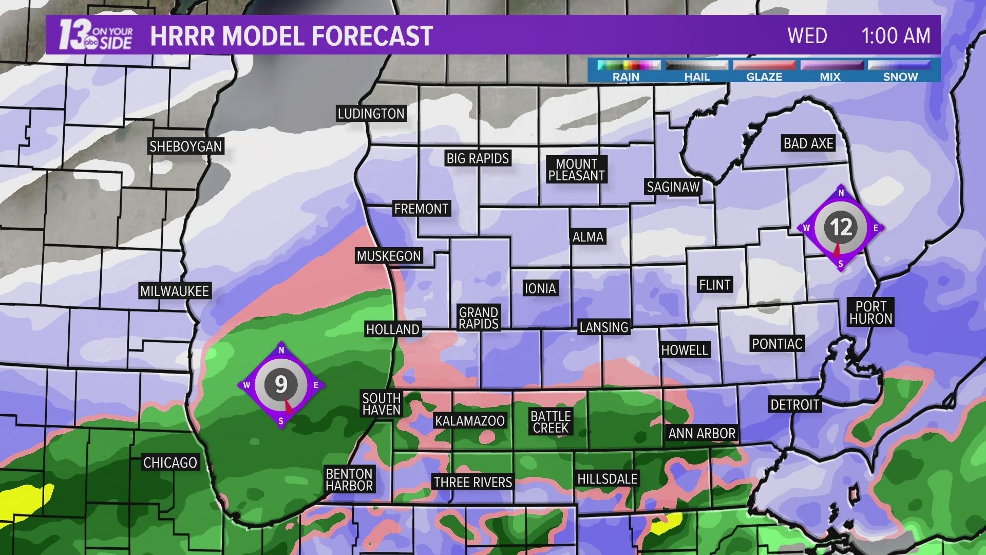 HRRR computer model shows a wintry mix changing to rain south while remaining all snow north through Wednesday afternoon.