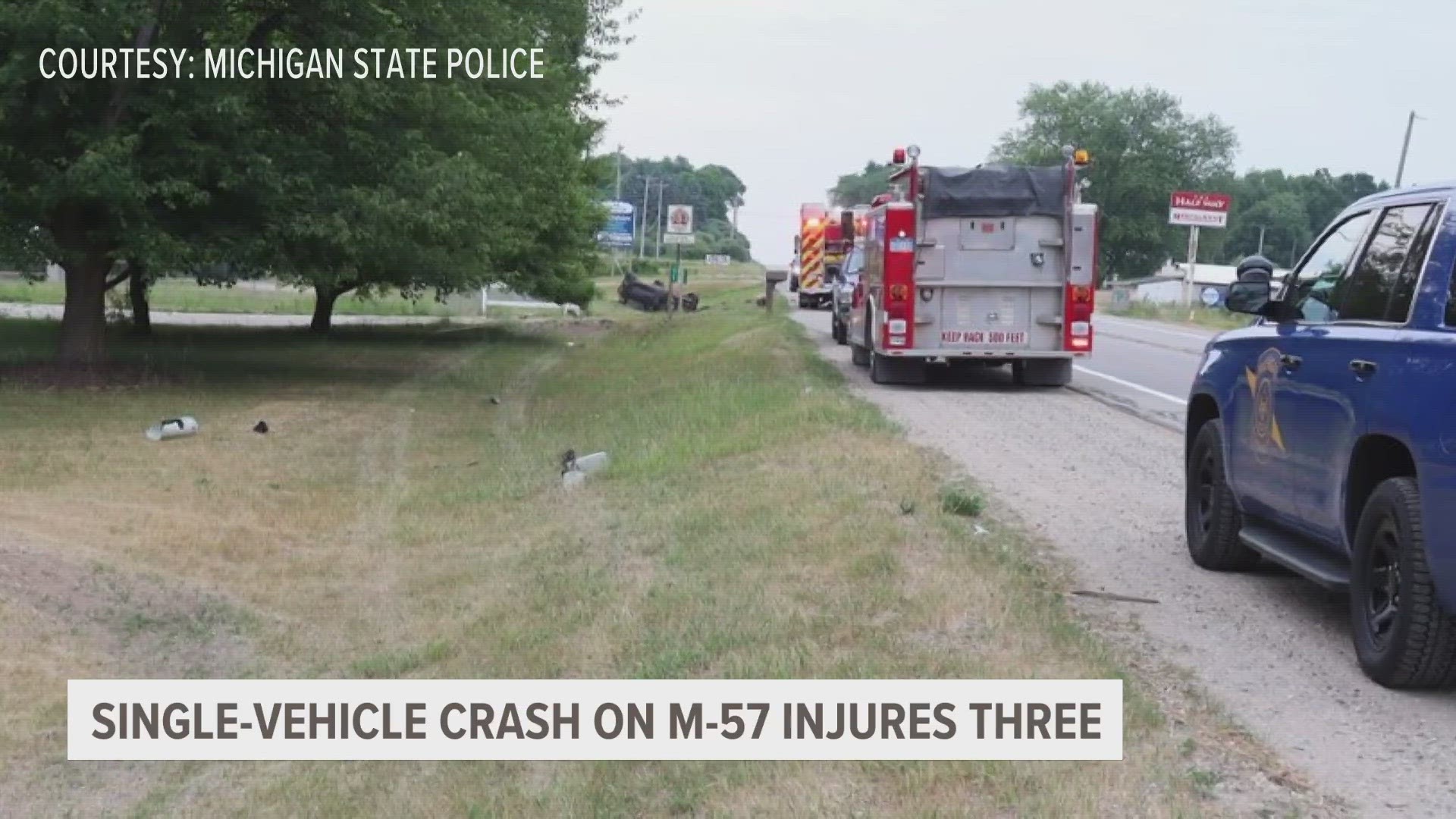 A 28-year-old woman went off the road, hit a driveway embankment and overturned the car. She was critically injured. A man and a 10-year-old boy were also hurt.