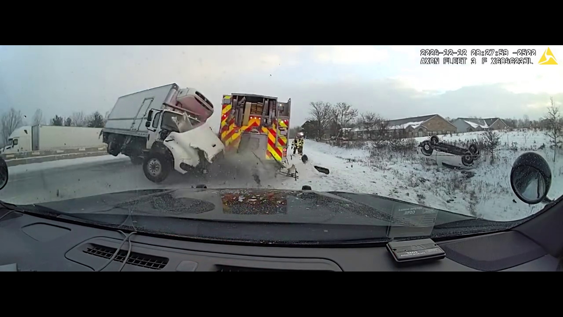 This video from the Kalamazoo County Sheriff's Office shows the moment a box truck loses control and hits three firetrucks near Kalamazoo.