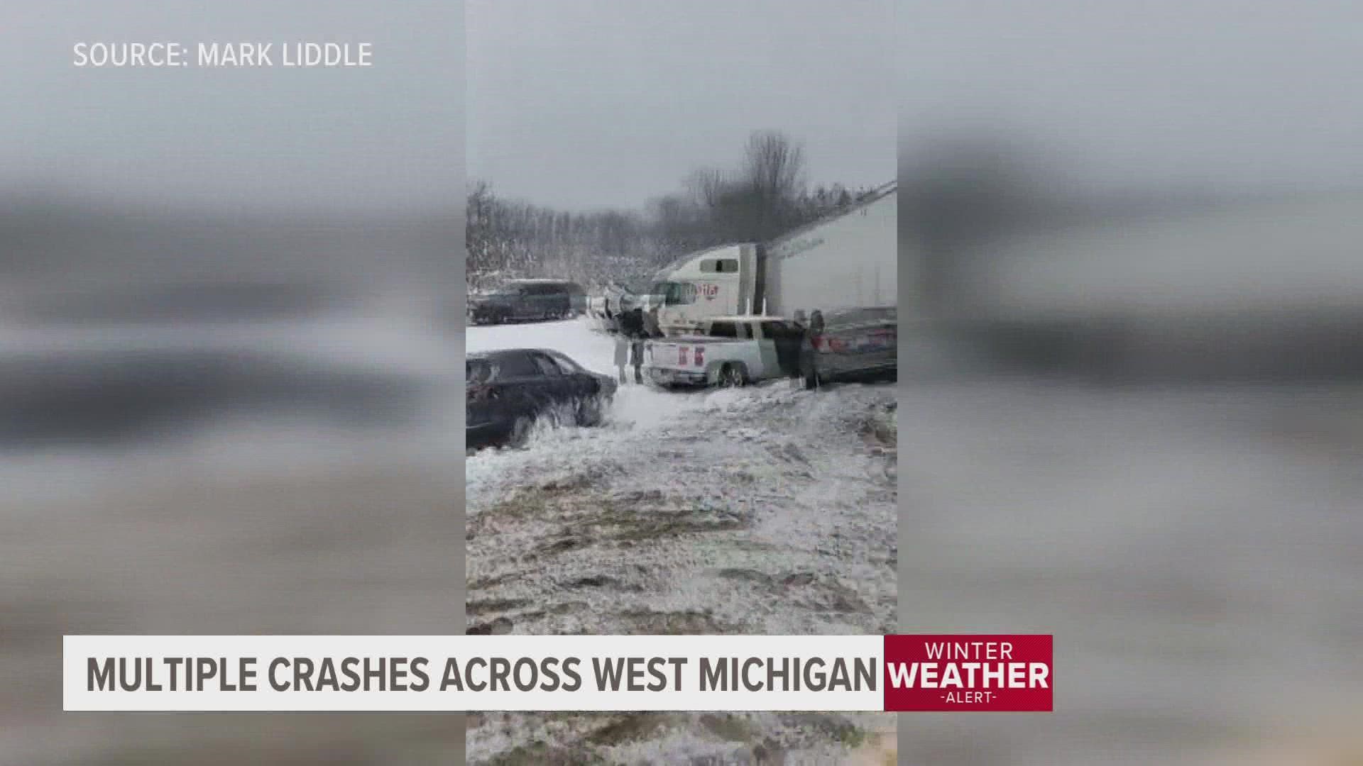 More than 20 vehicles piled up in a chain-reaction crash on SB US 131 near D Avenue in Kalamazoo County. Several injuries were reported.