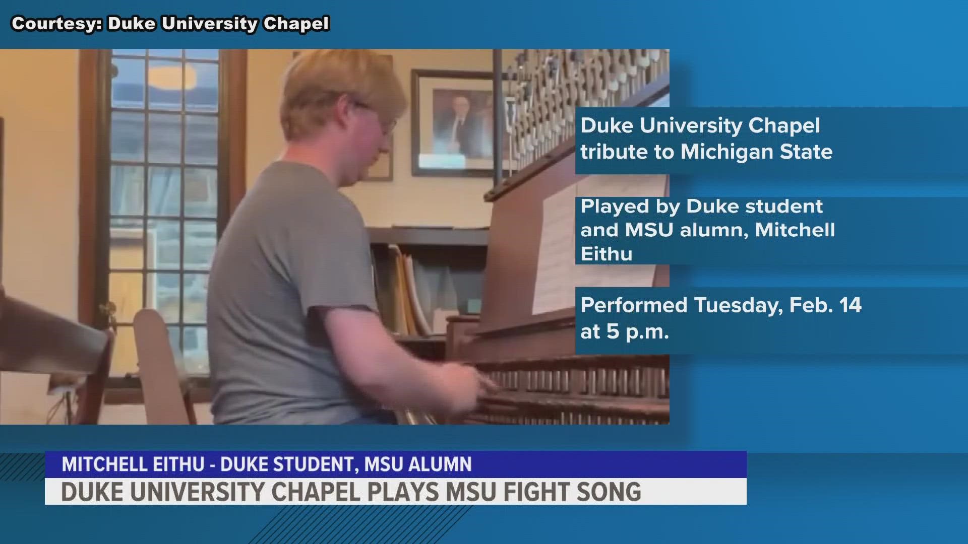 MSU alum and Duke Divinity School student, Mitchell Eithun performed the songs on the university chapel carillon Tuesday.