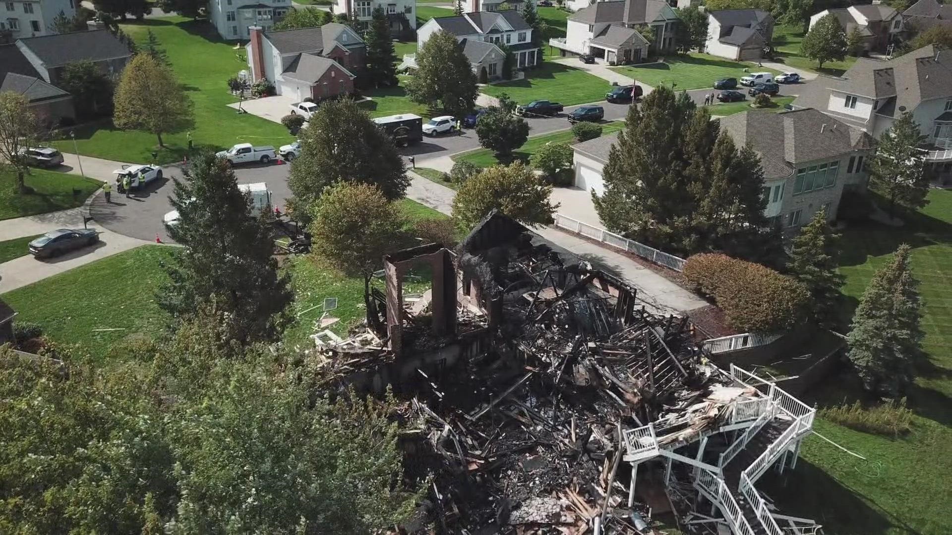 Daylight drone video shows the aftermath of a house explosion in Caledonia.
