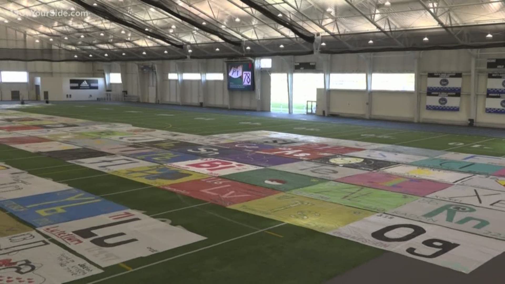 The giant periodic table covered Grand Valley State University's indoor football field.