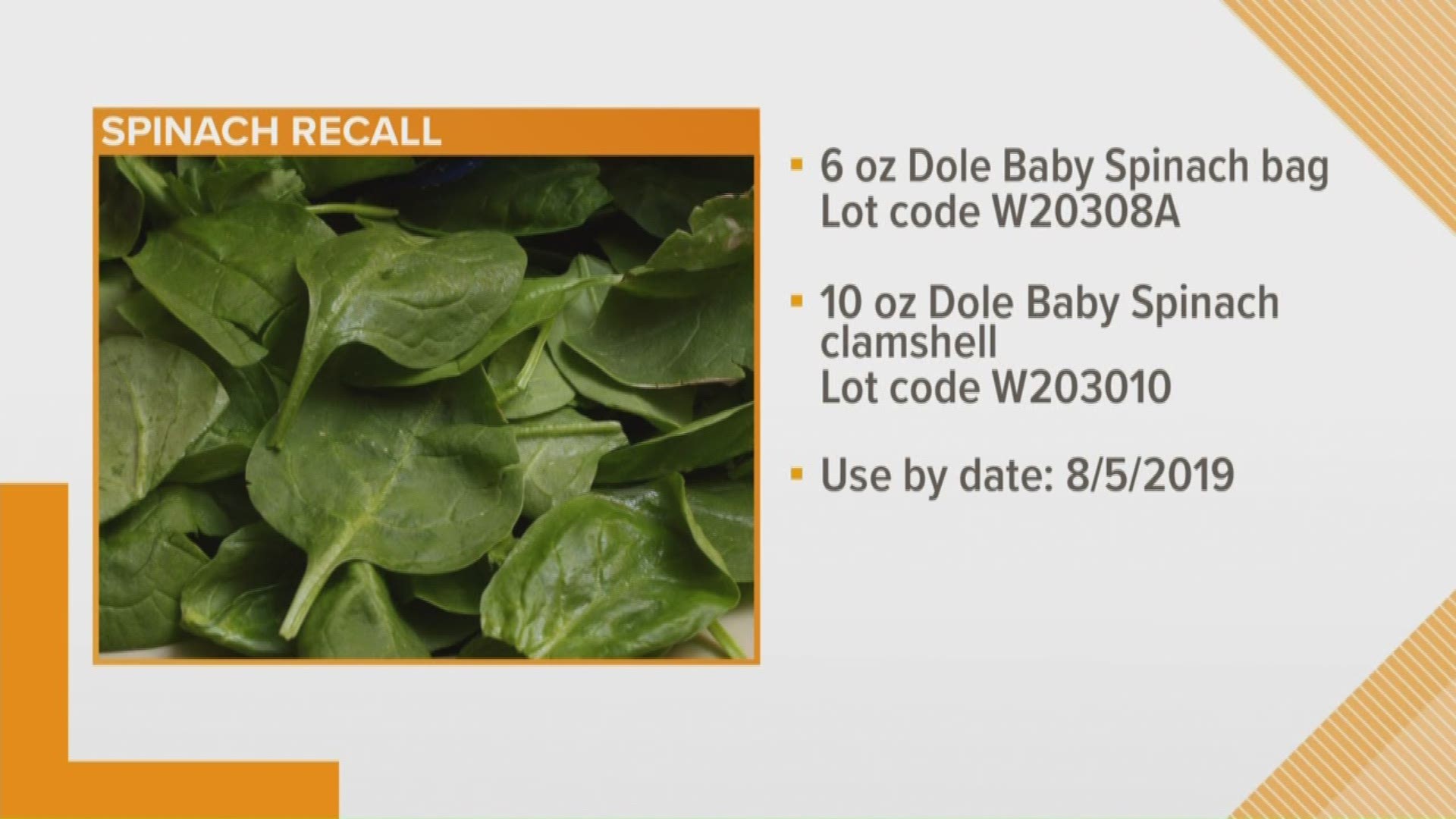 Dole Fresh Vegetables is voluntarily recalling a limited number of cases of baby spinach due to the product being expired. There is a possible health risk from Salmonella with these products. Dole is coordinating with regulatory officials and no illnesses have been reported in association with the recall.