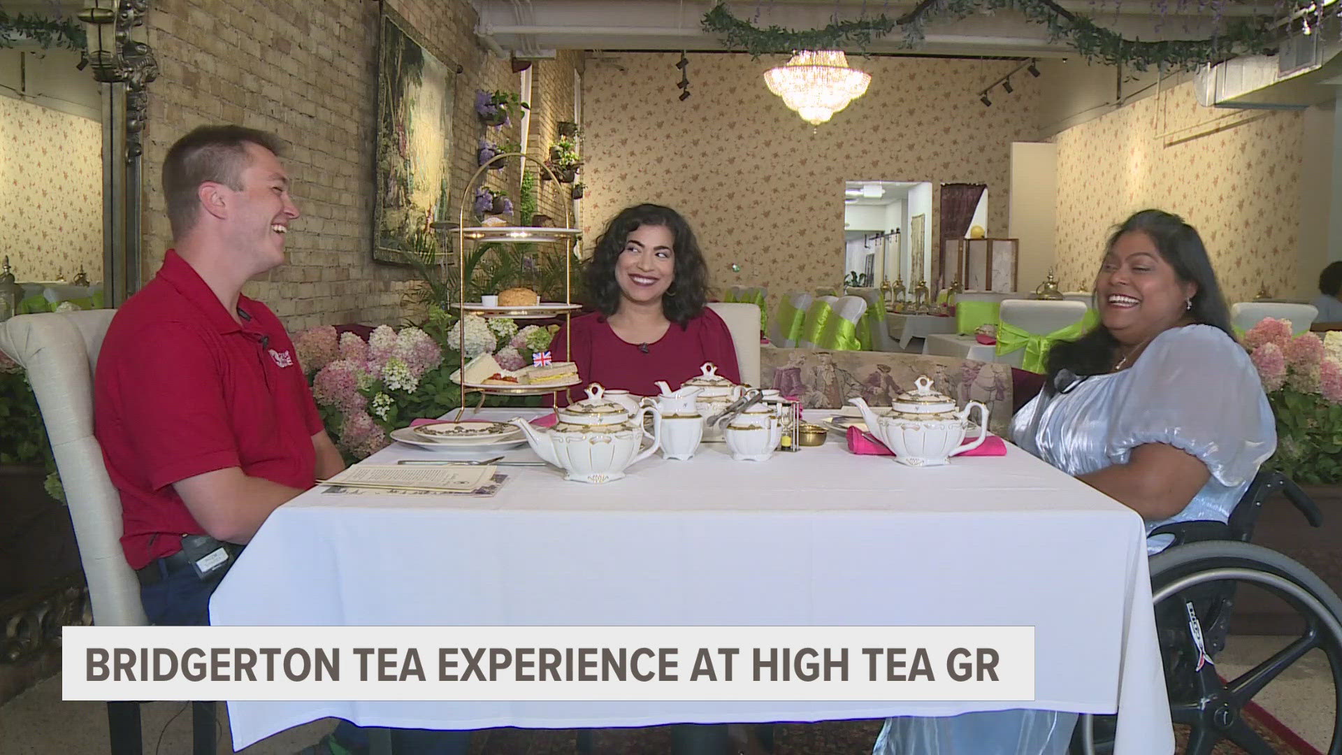 Veronica Ortega and Blake Hansen experience 'Regency Era' classic British teatime as part of 'Bridgerton' tea experience inspired by hit Netflix show.