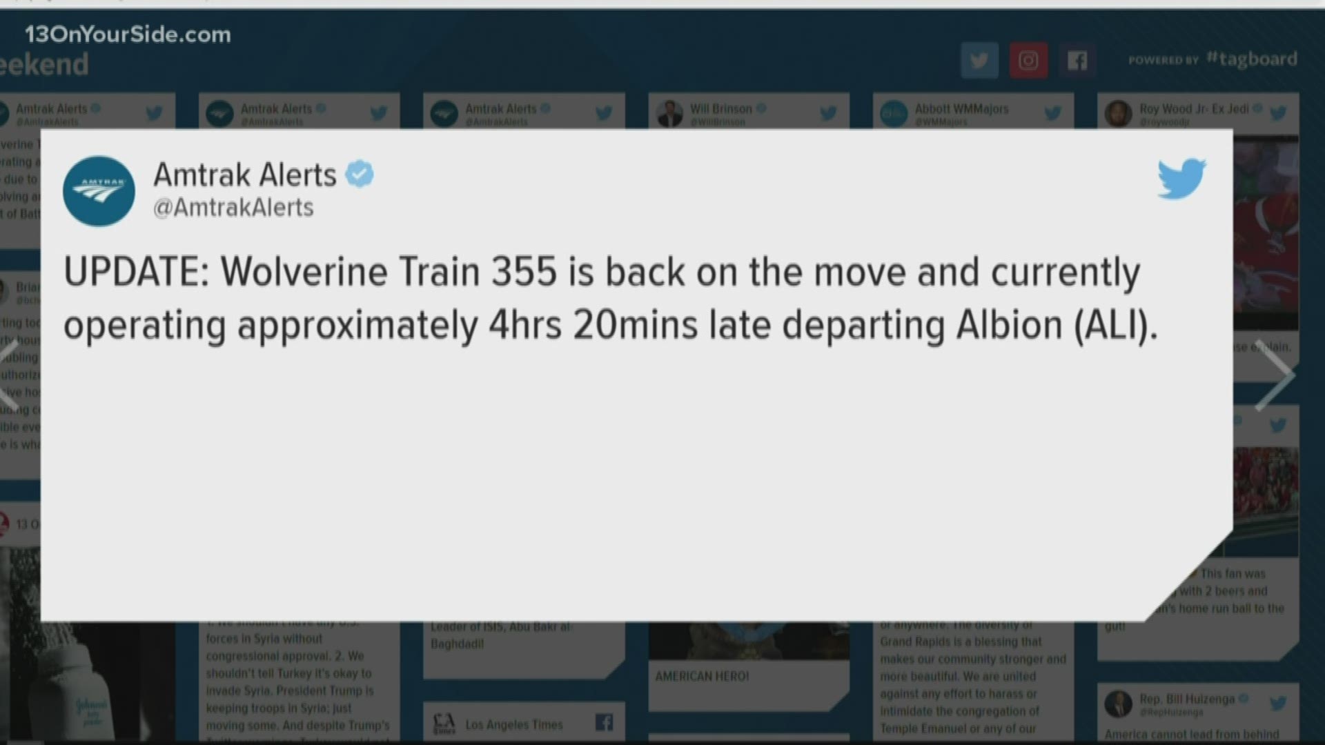 Amtrak tweeted about the incident Saturday night.