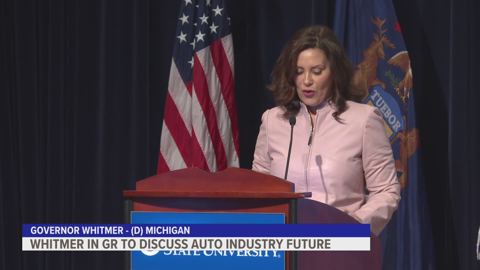 Whitmer spoke at the Automotive Suppliers Symposium at Grand Valley State University on Thursday.