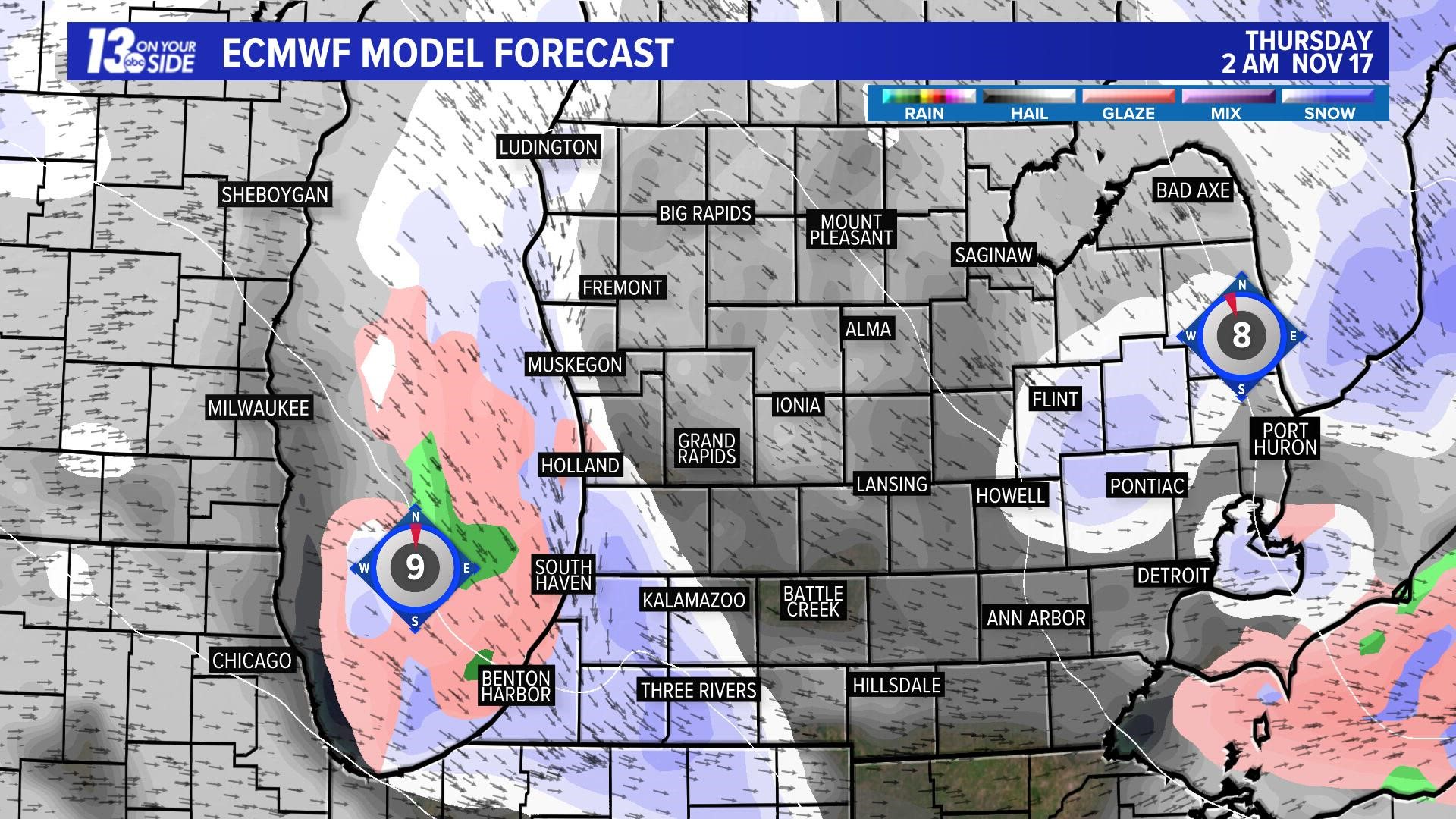 European model run for West Michigan from Wednesday evening through Saturday evening.