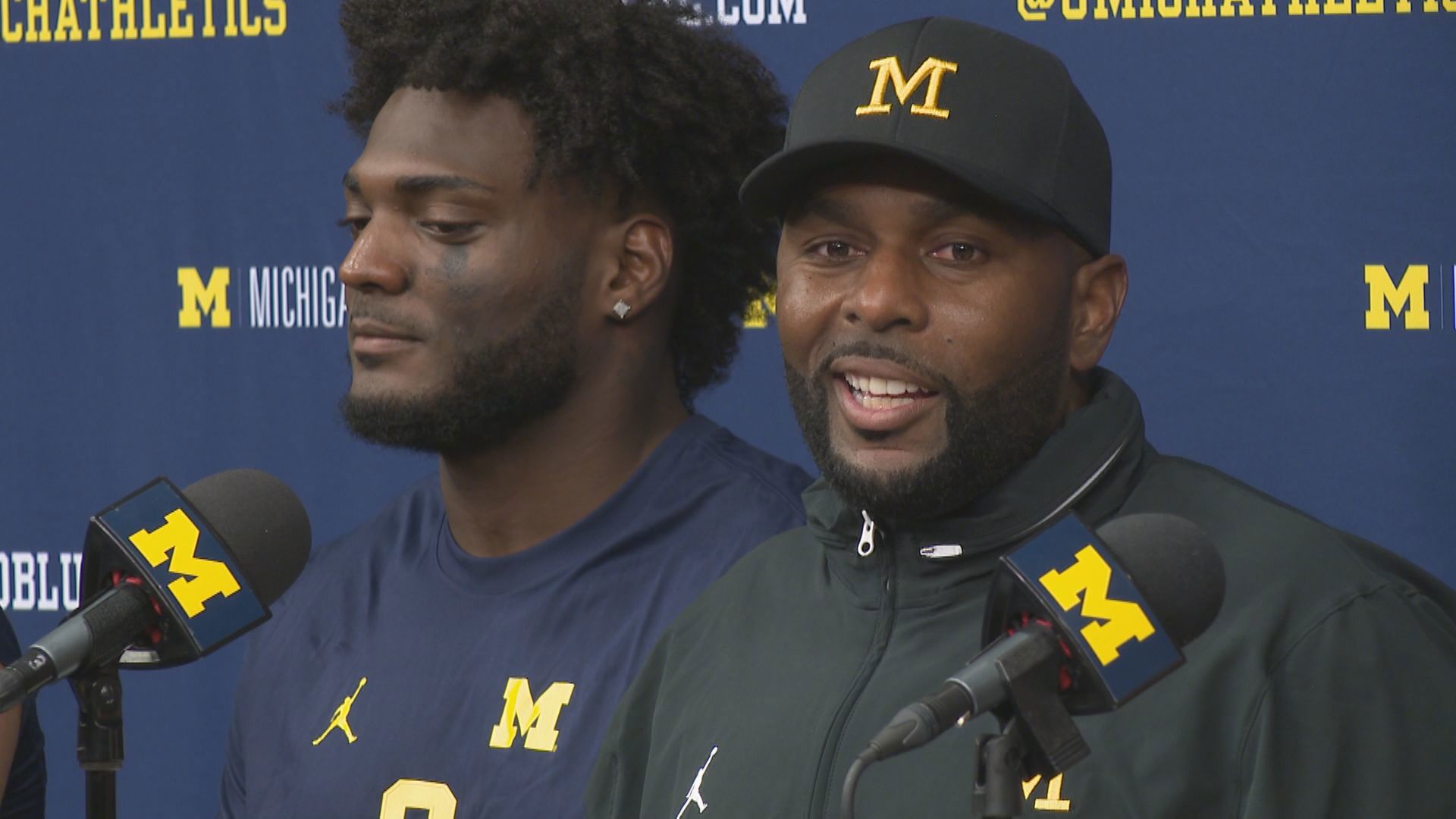 Michigan head coach, Sherrone Moore, quarterback Davis Warren, and tight end Colston Loveland speak to media after #9 Michigan's 31-10 win over Fresno State