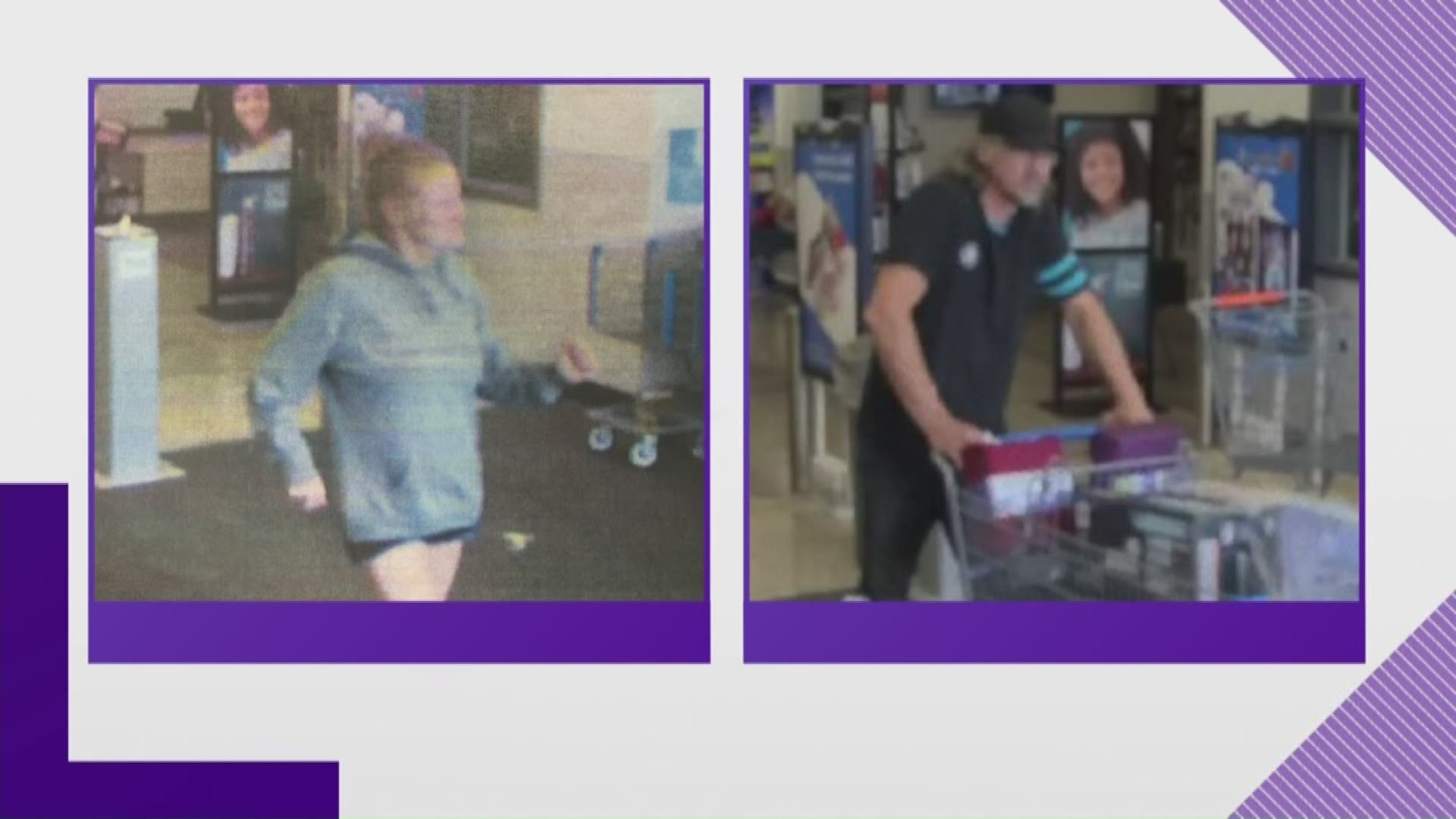 The suspects took items from a car and used the victims' credit card at Walmart.