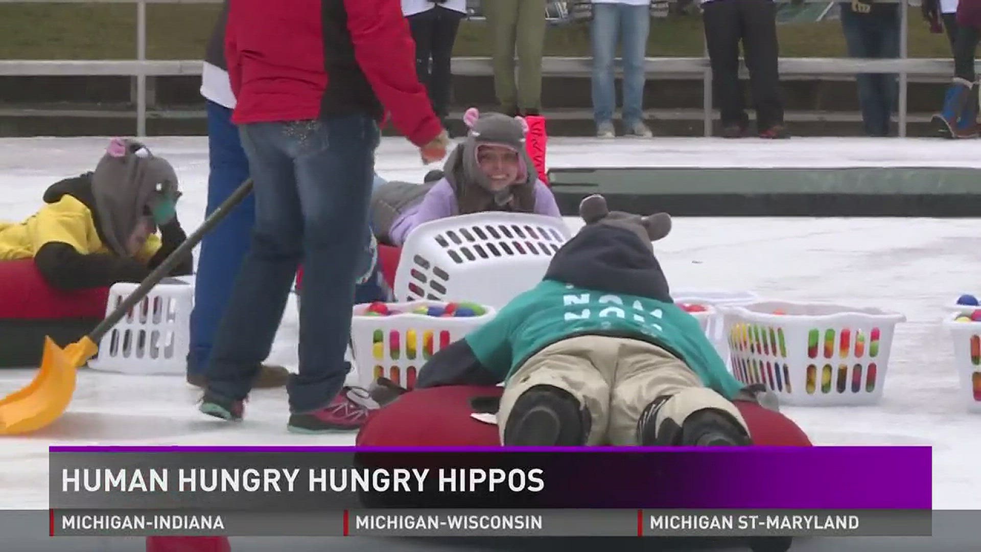 Rosa Parks Circle was transformed into a human version of the classic Hungry Hungry Hippos game using tubes, balls and laundry baskets.