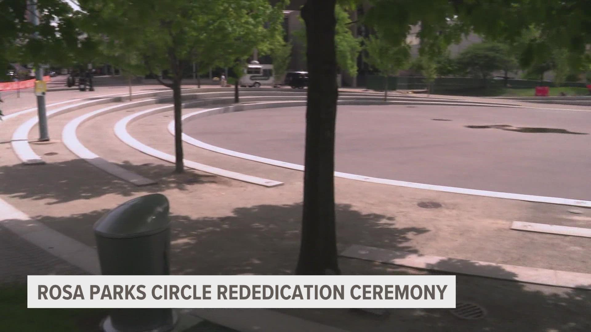 With the completion of the restoring project for the Rosa Parks Circle, many gather at a rededication ceremony to celebrate its reopening.
