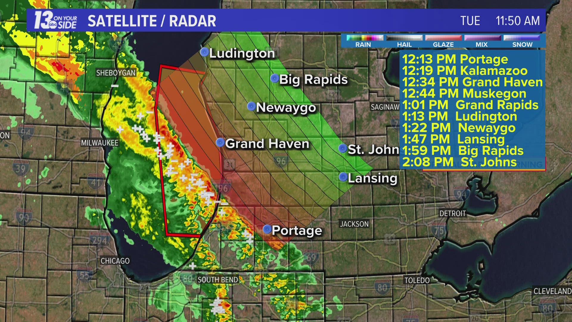 The first line of storms is crossing Lake Michigan and holding form.