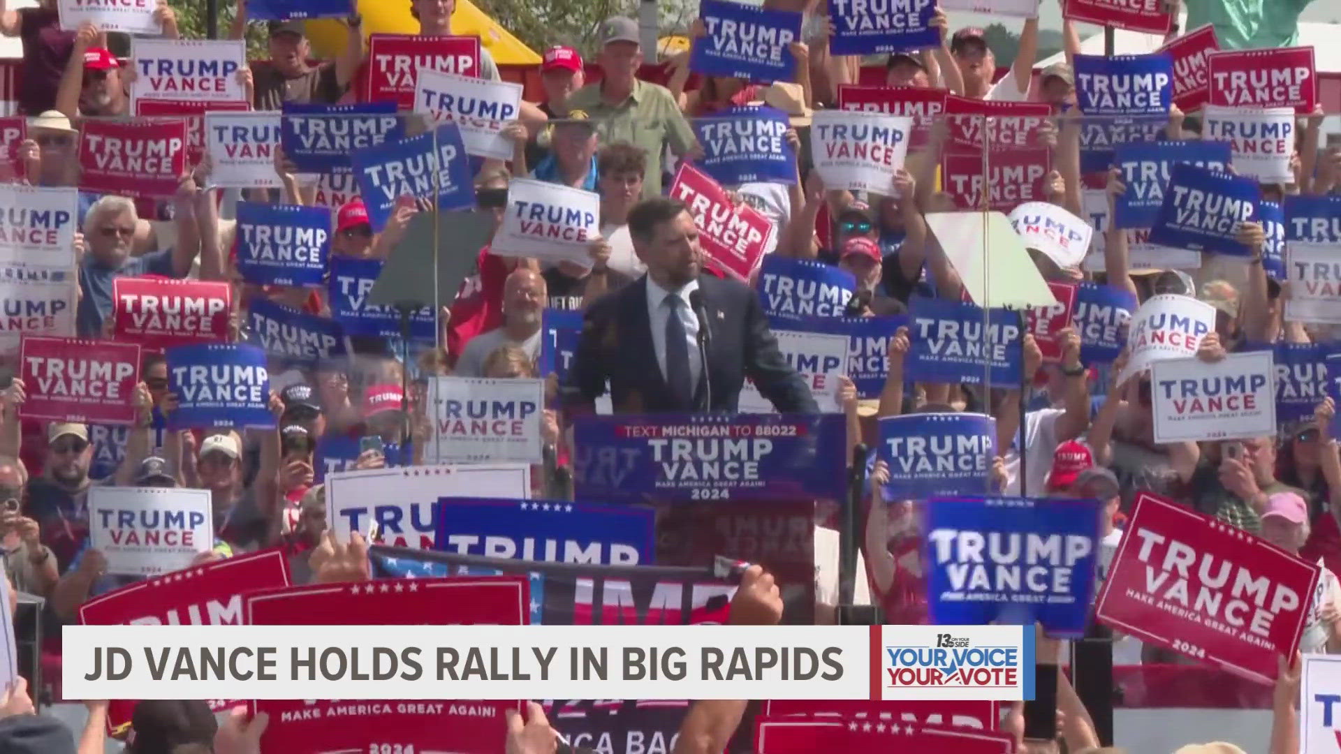 JD Vance spoke to a crowd of supporters at Majestic Friesians Horse Farms in Big Rapids.