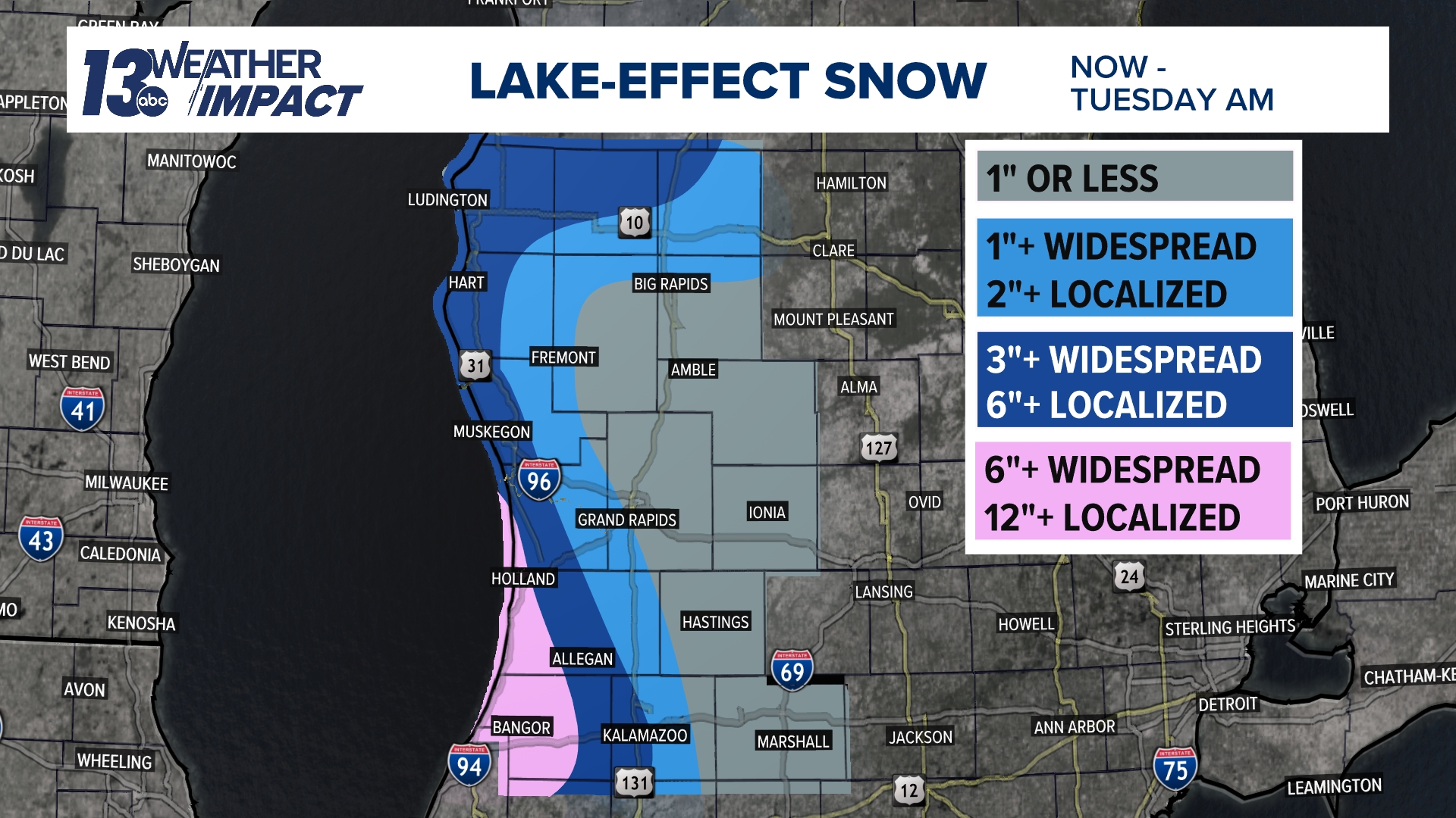 Persistent lake-effect snow continues through early Tuesday morning, heavily impacting southern Ottawa, Allegan, and Van Buren counties.