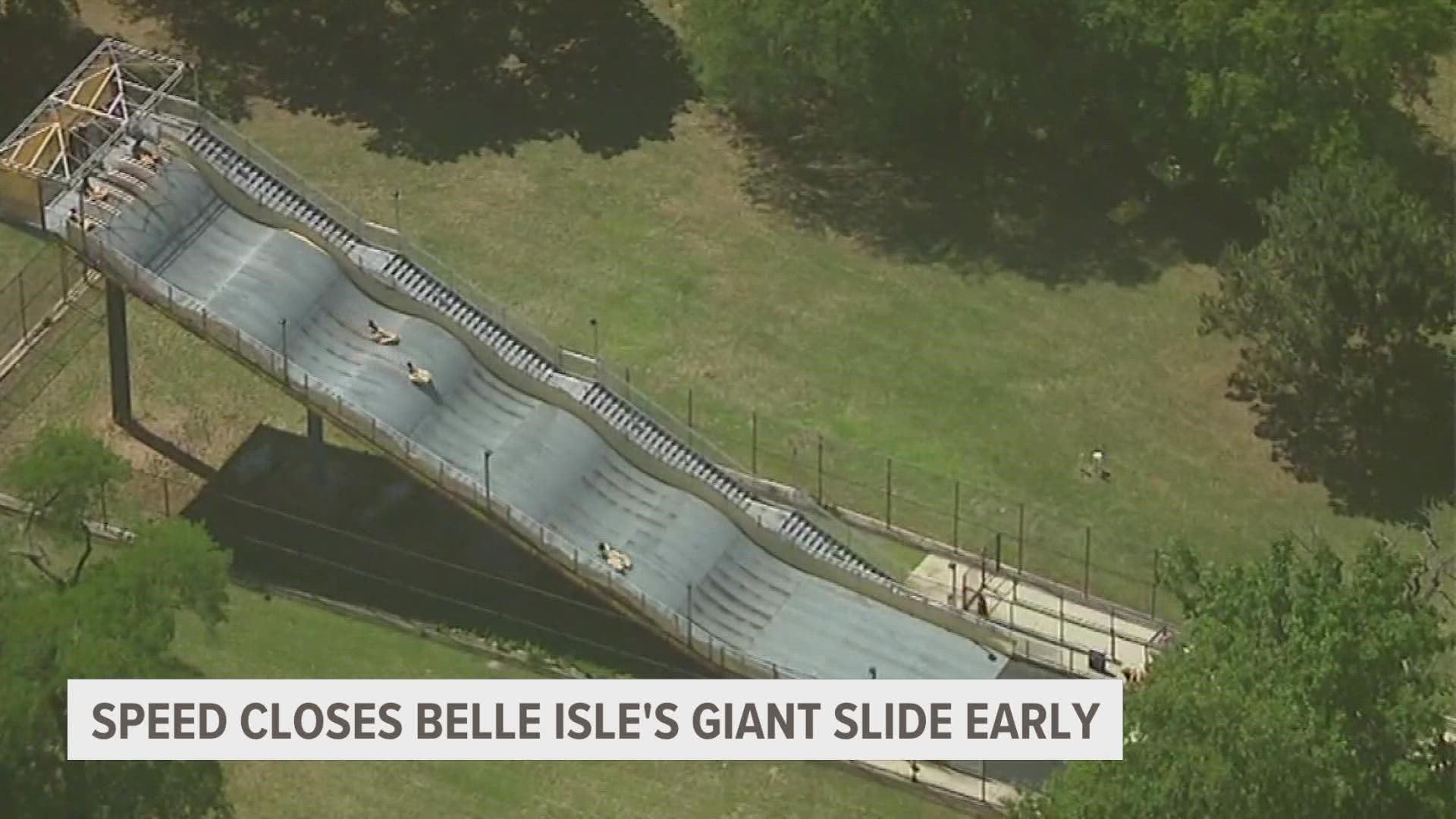 Video shows riders speeding down the slide, catching air on the bumps and slamming back onto the metal track.