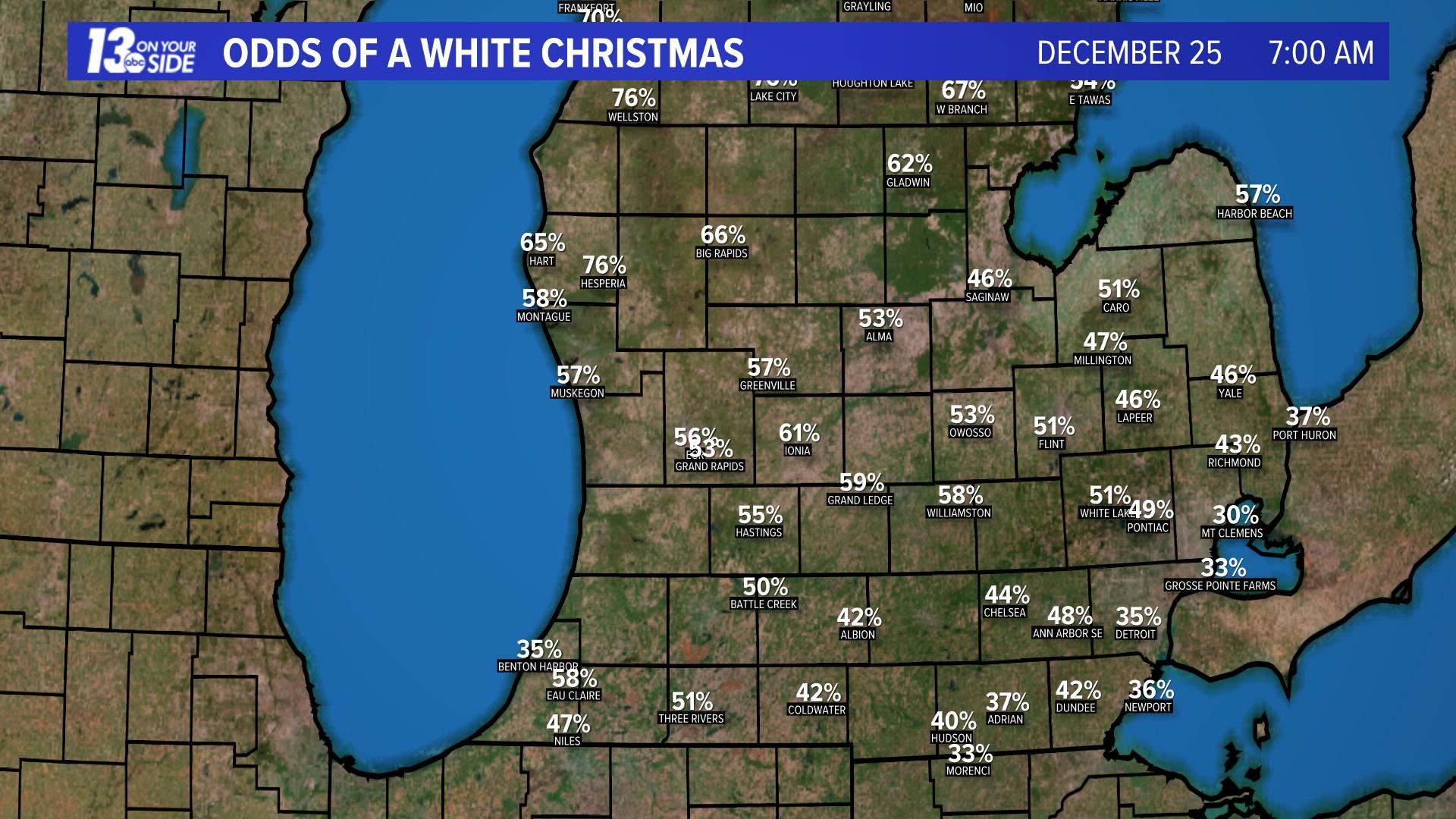 The odds of a White Christmas based on the latest 30-year climate average from 1991-2020.