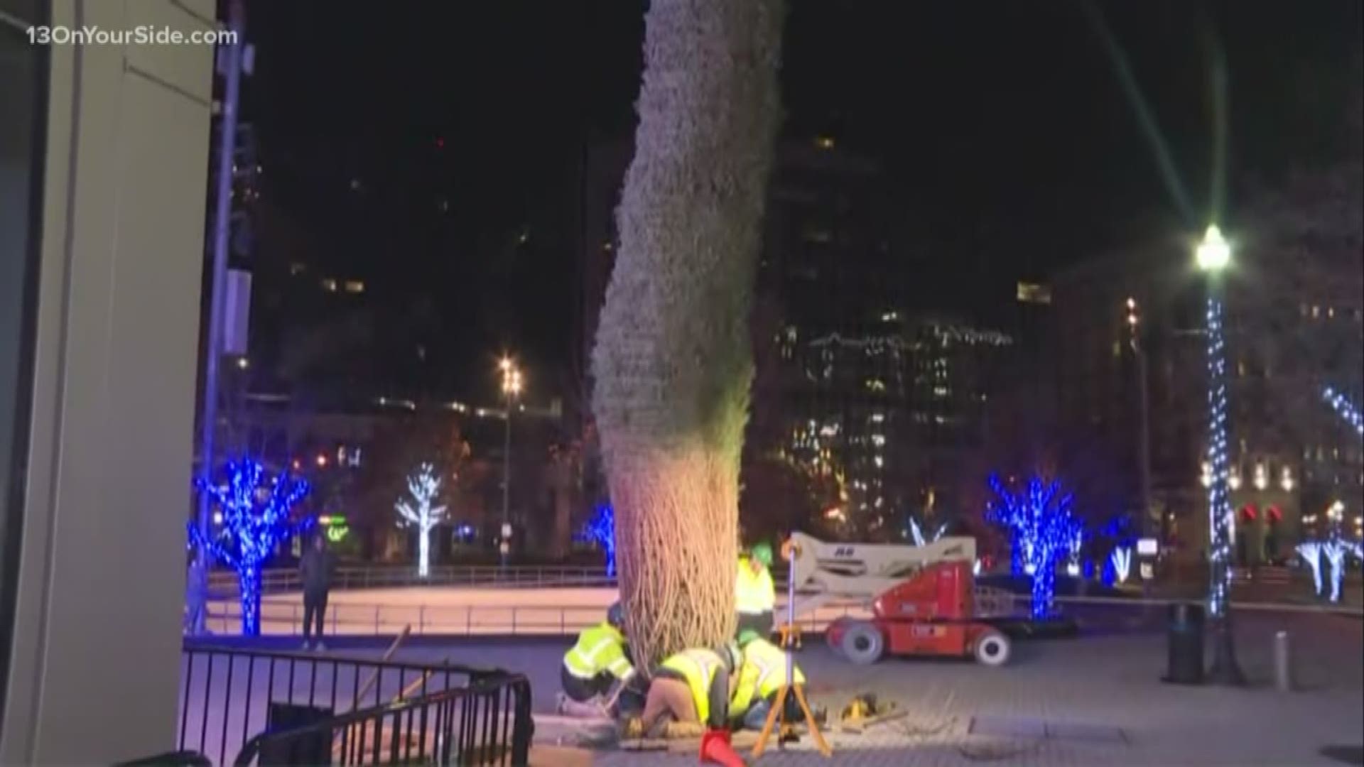 The 41-foot Christmas tree was installed at Rosa Parks Circle early Tuesday morning.