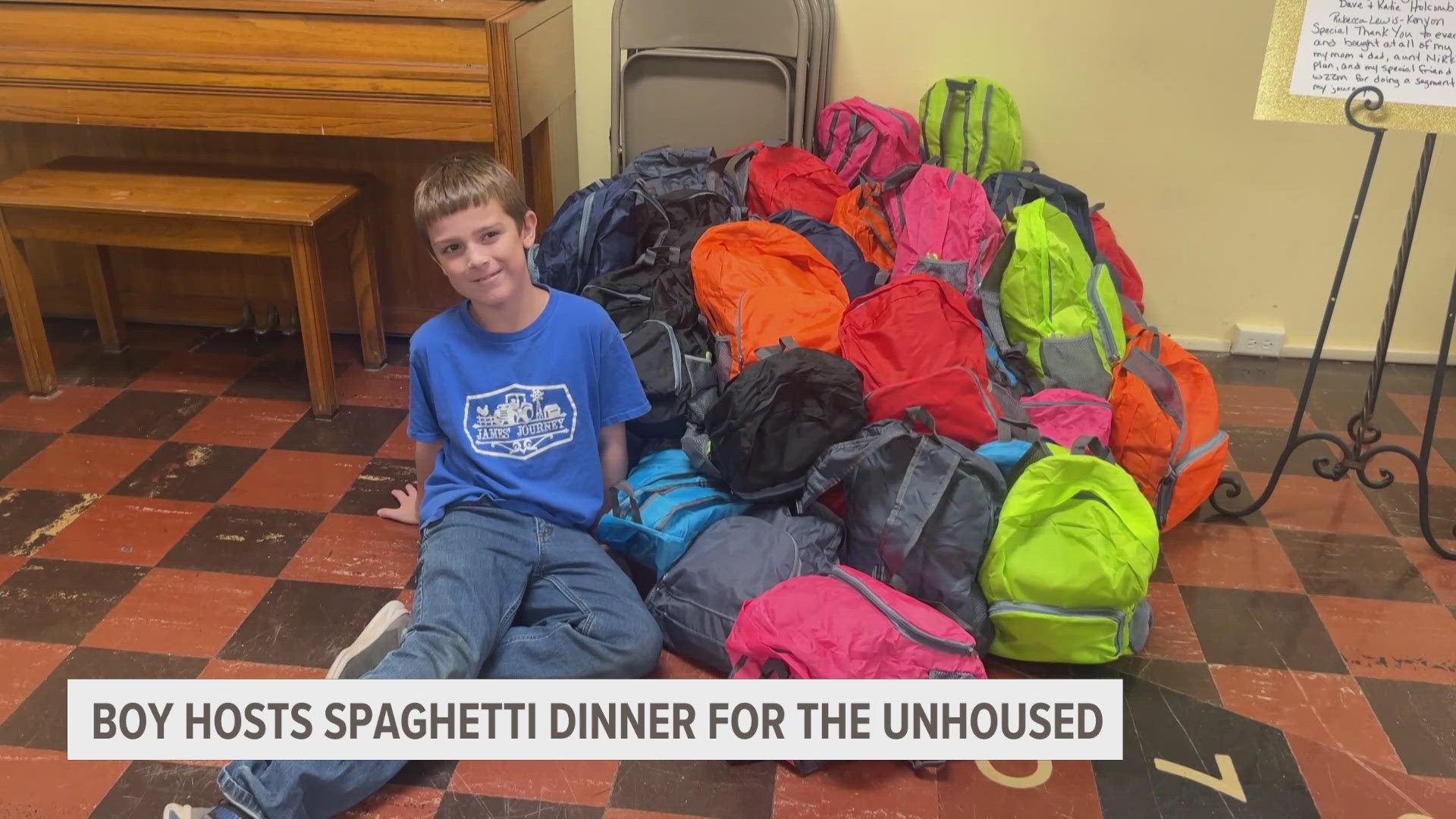 8-year-old James Carpenter and his Grandma served Spaghetti, garlic bread, salad and cake to guests at Ionia First United Methodist Church.