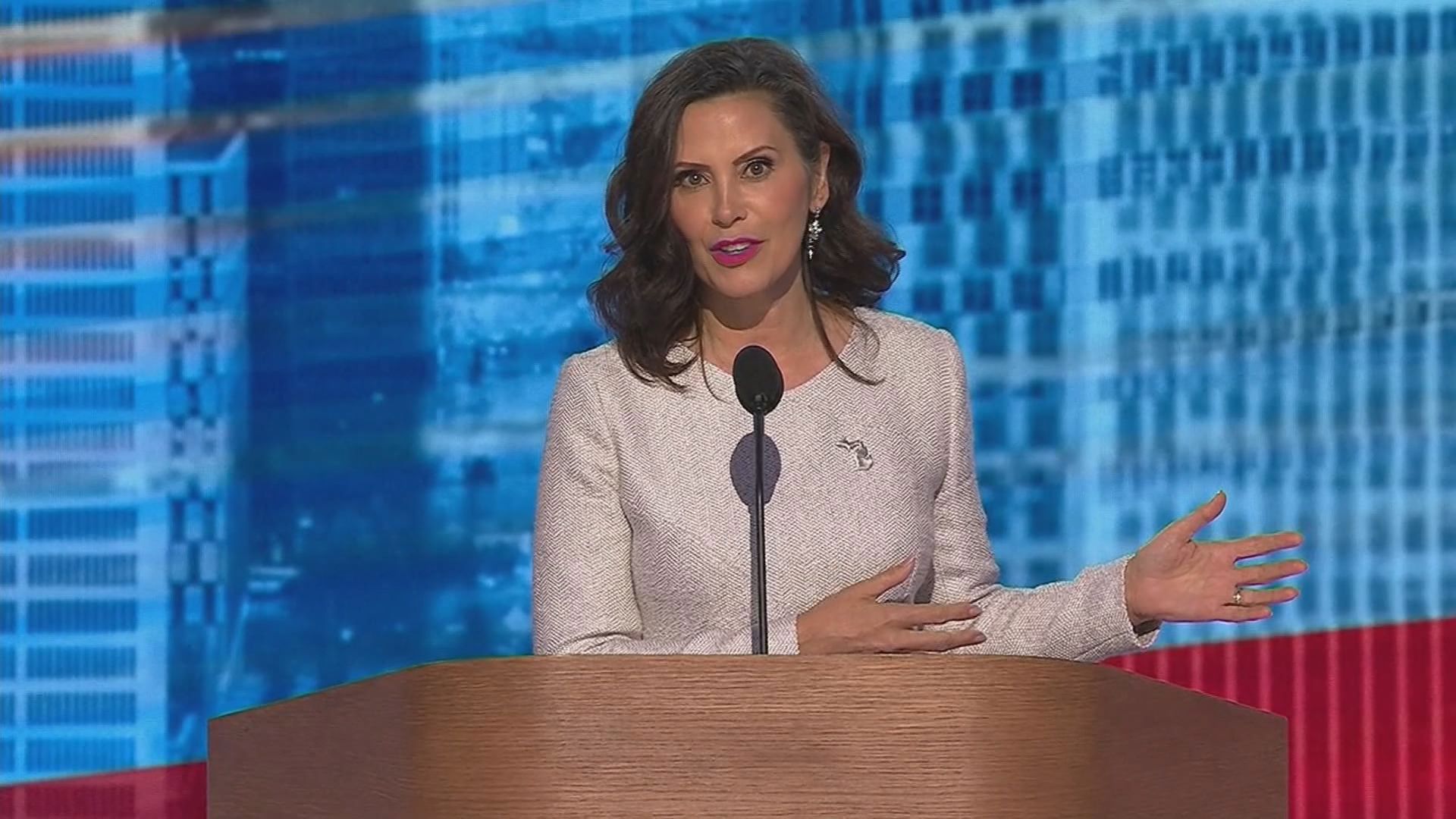 Gov. Gretchen Whitmer walked onto the stage to tumultuous applause and chants of "Big Gretch!"