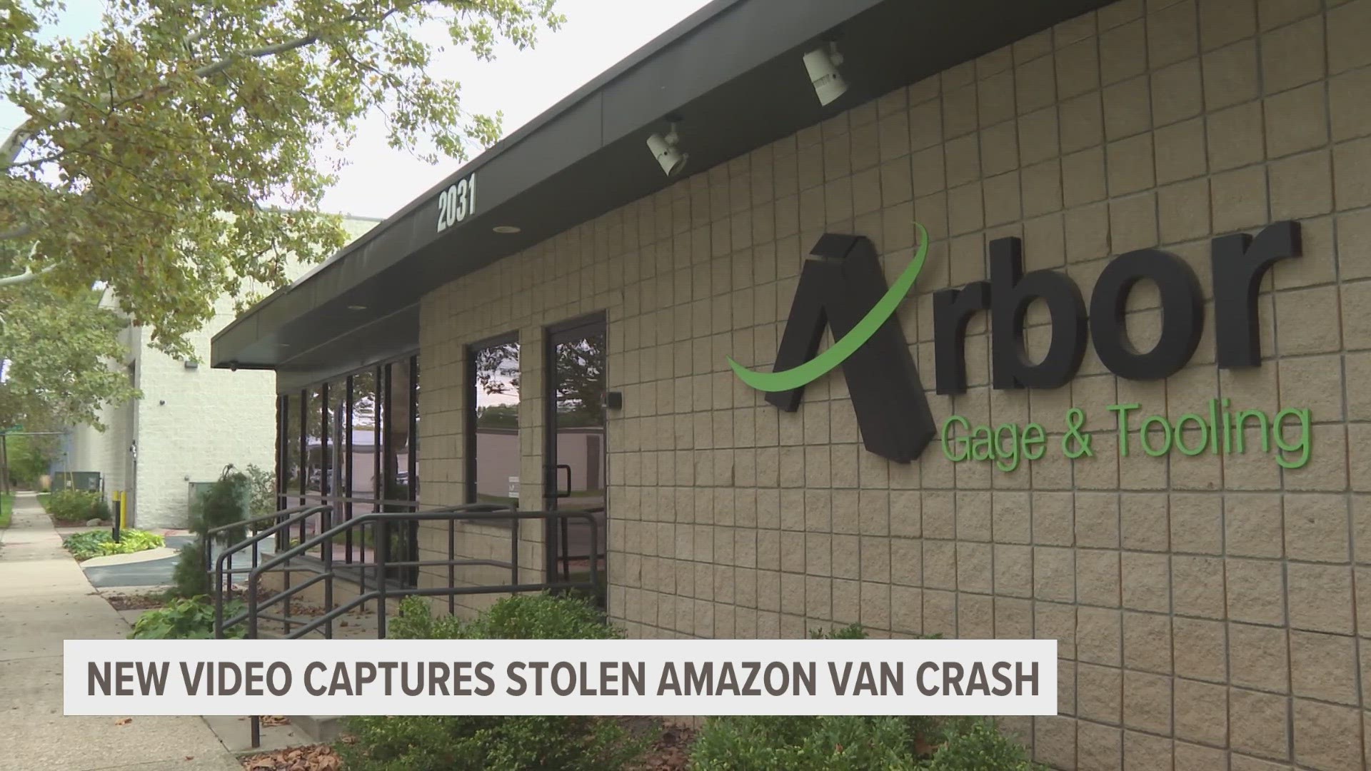 Arbor Gage and Tooling in Grand Rapids security footage shows stolen Amazon van crashing onto their property as the driver is flung from the vehicle.